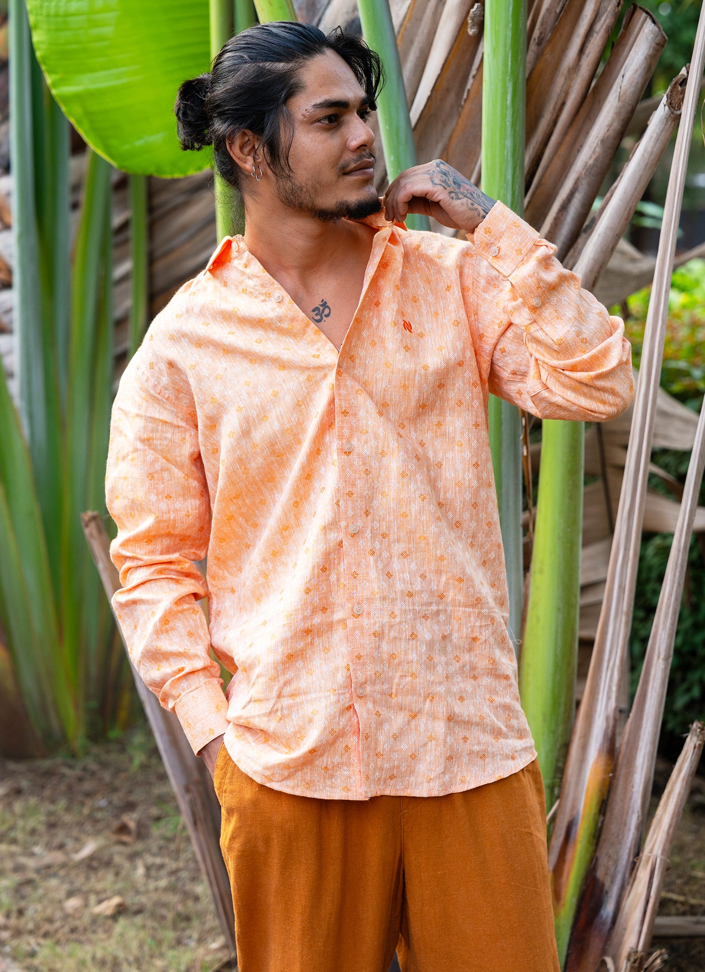 Shimmery Metallic Orange Jacquard Pure Linen Premium Shirt