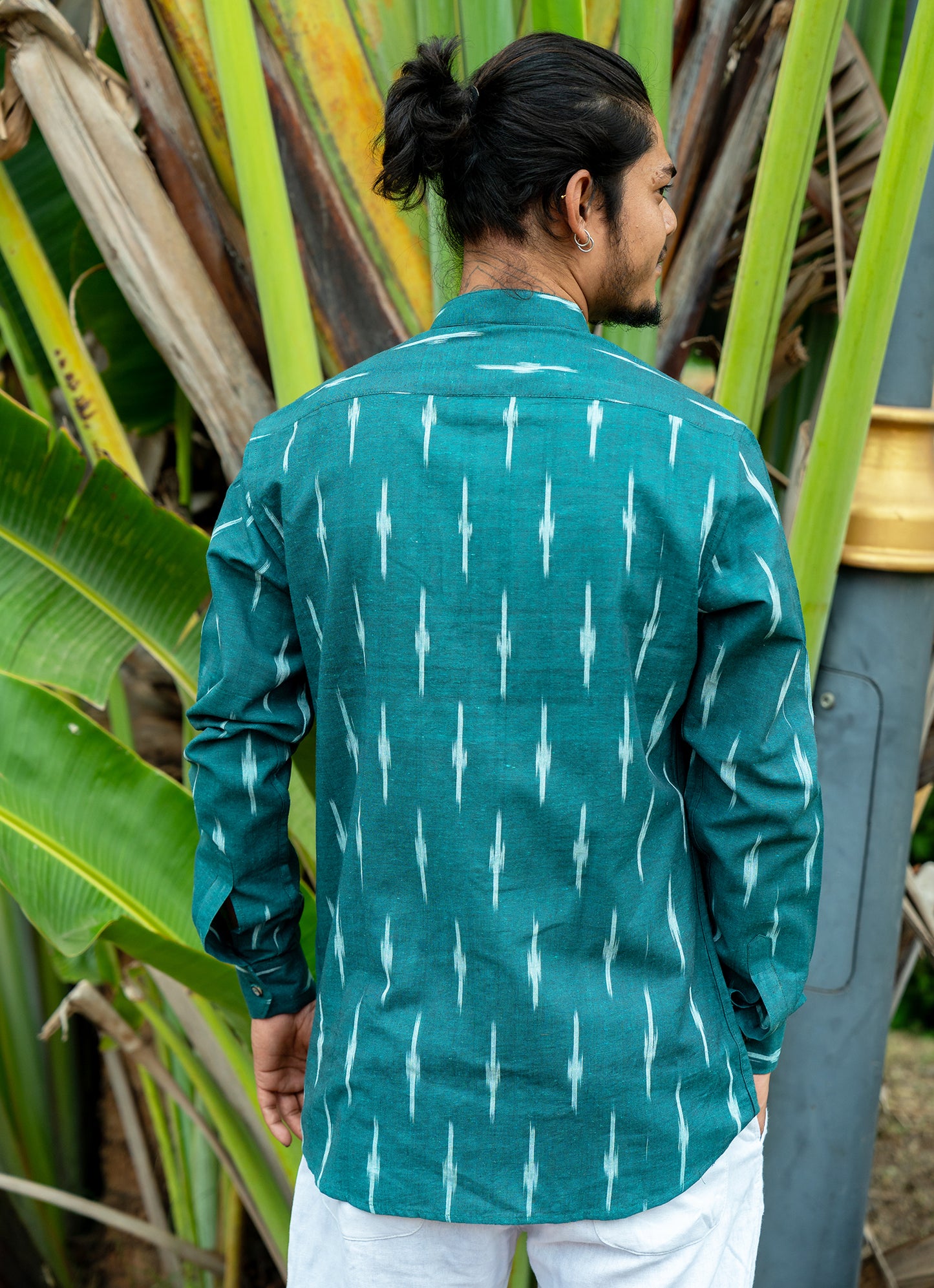 Eye-catching ikat design with Pine Green Dyed Premium Organic Cotton