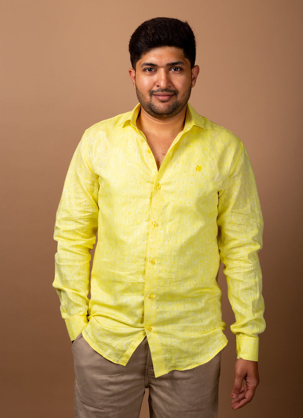 Straw Yellow Jacquard Textured Premium Linen Shirt