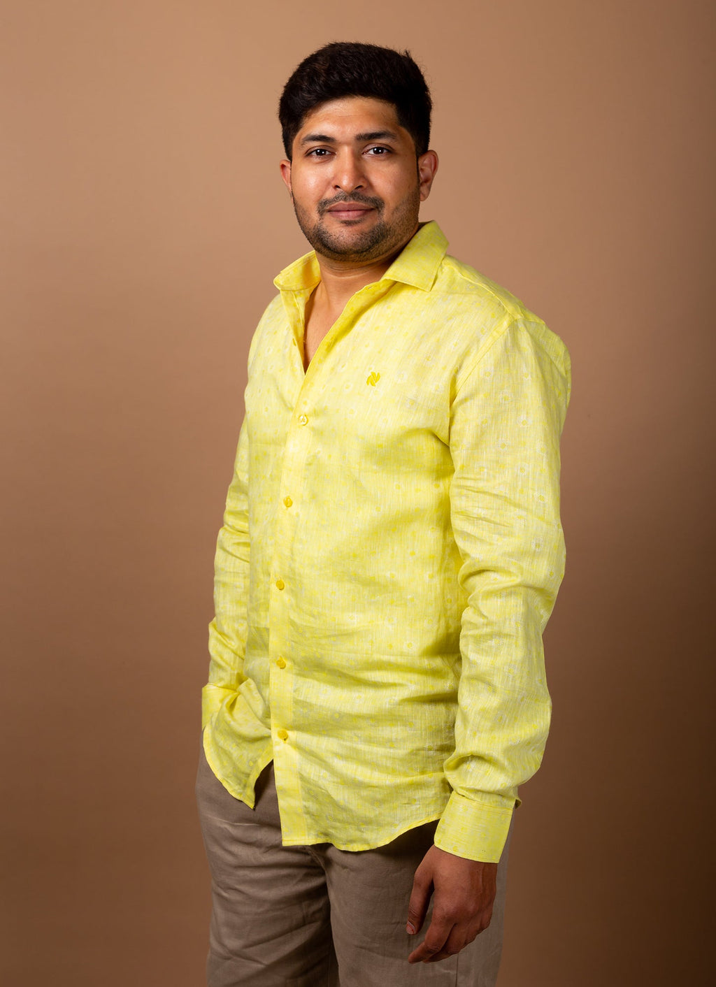Straw Yellow Jacquard Textured Premium Linen Shirt