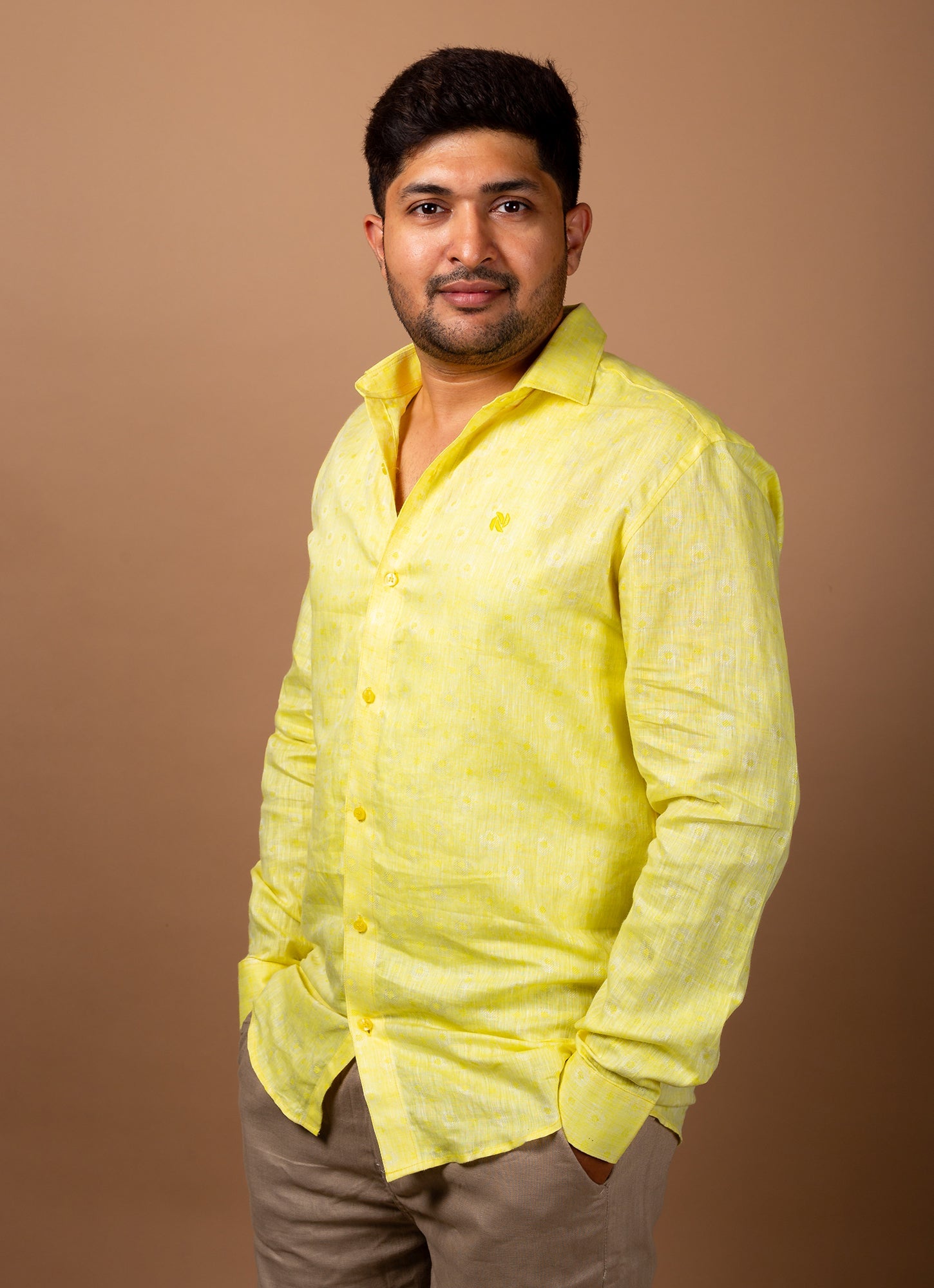Straw Yellow Jacquard Textured Premium Linen Shirt