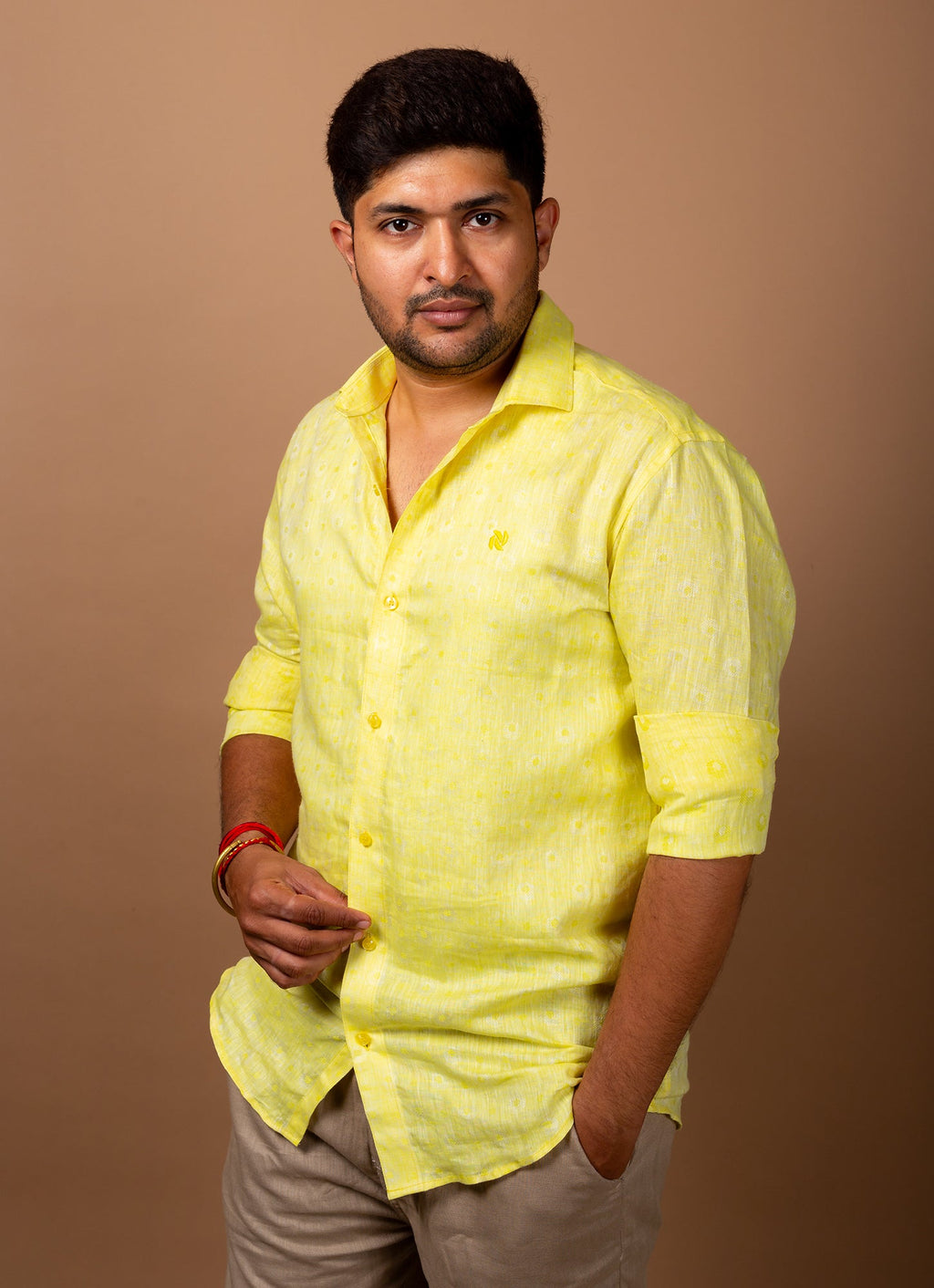 Straw Yellow Jacquard Textured Premium Linen Shirt