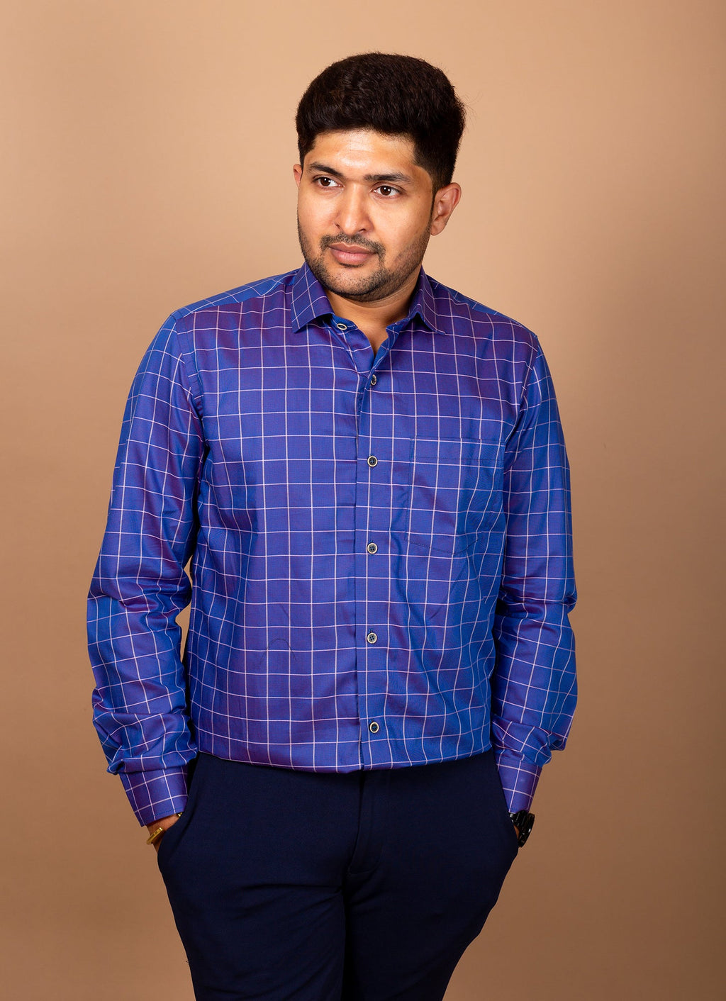 Shimmery Bluish Purple Checkered Premium Organic Cotton Shirt