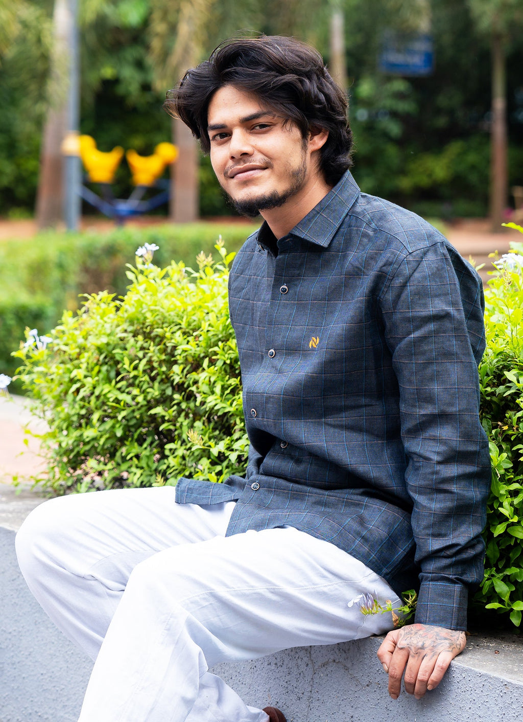 Charcoal Black Checkered Pure Premium Linen Shirt