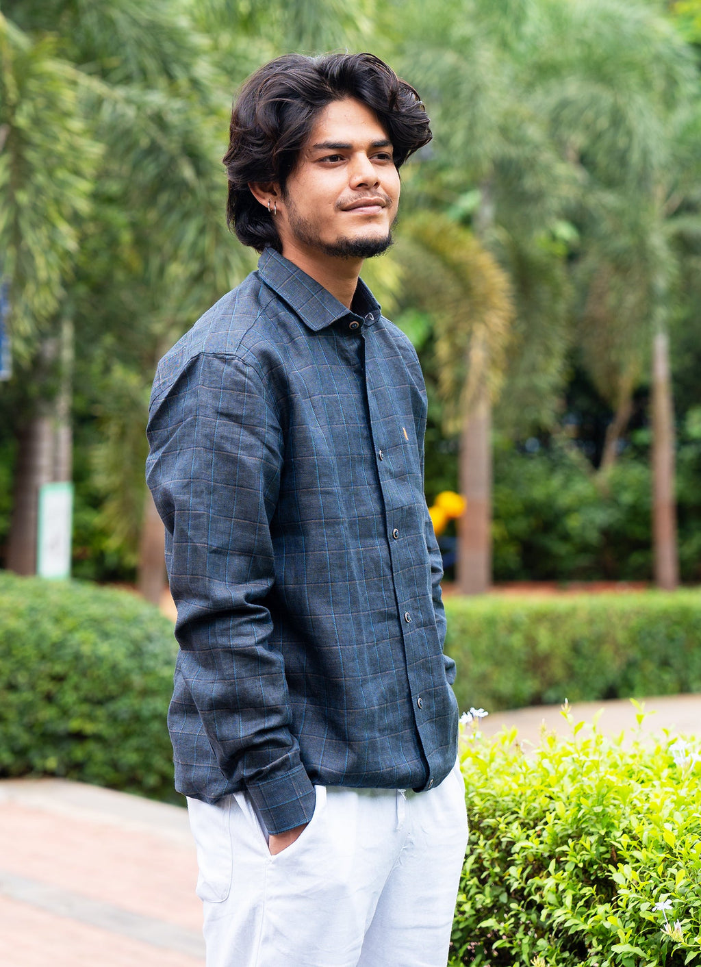 Charcoal Black Checkered Pure Premium Linen Shirt