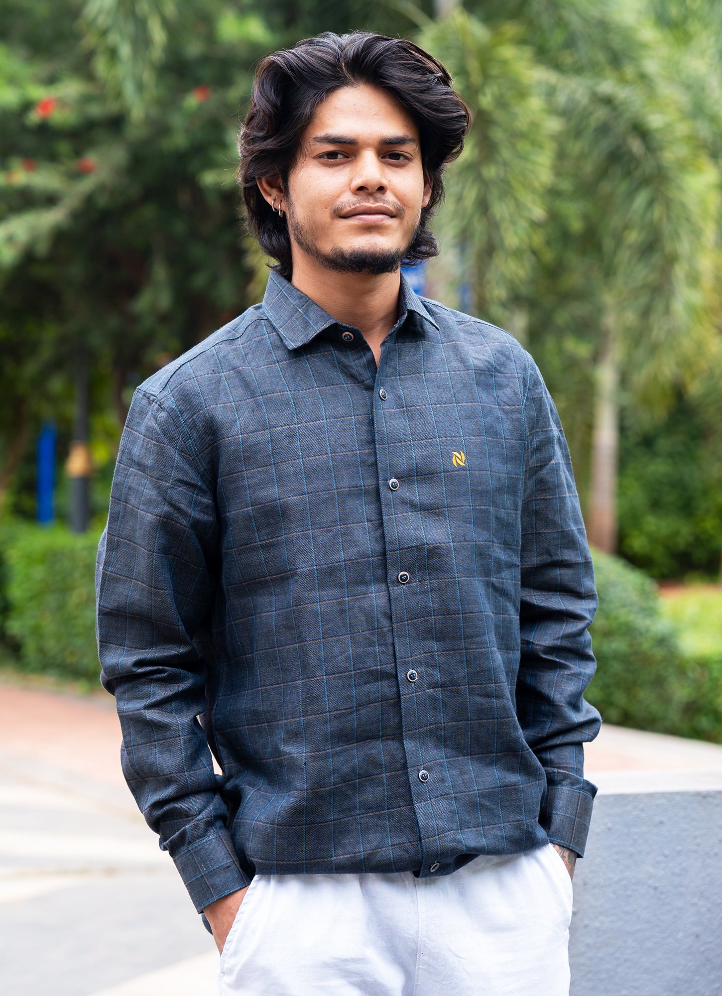 Charcoal Black Checkered Pure Premium Linen Shirt