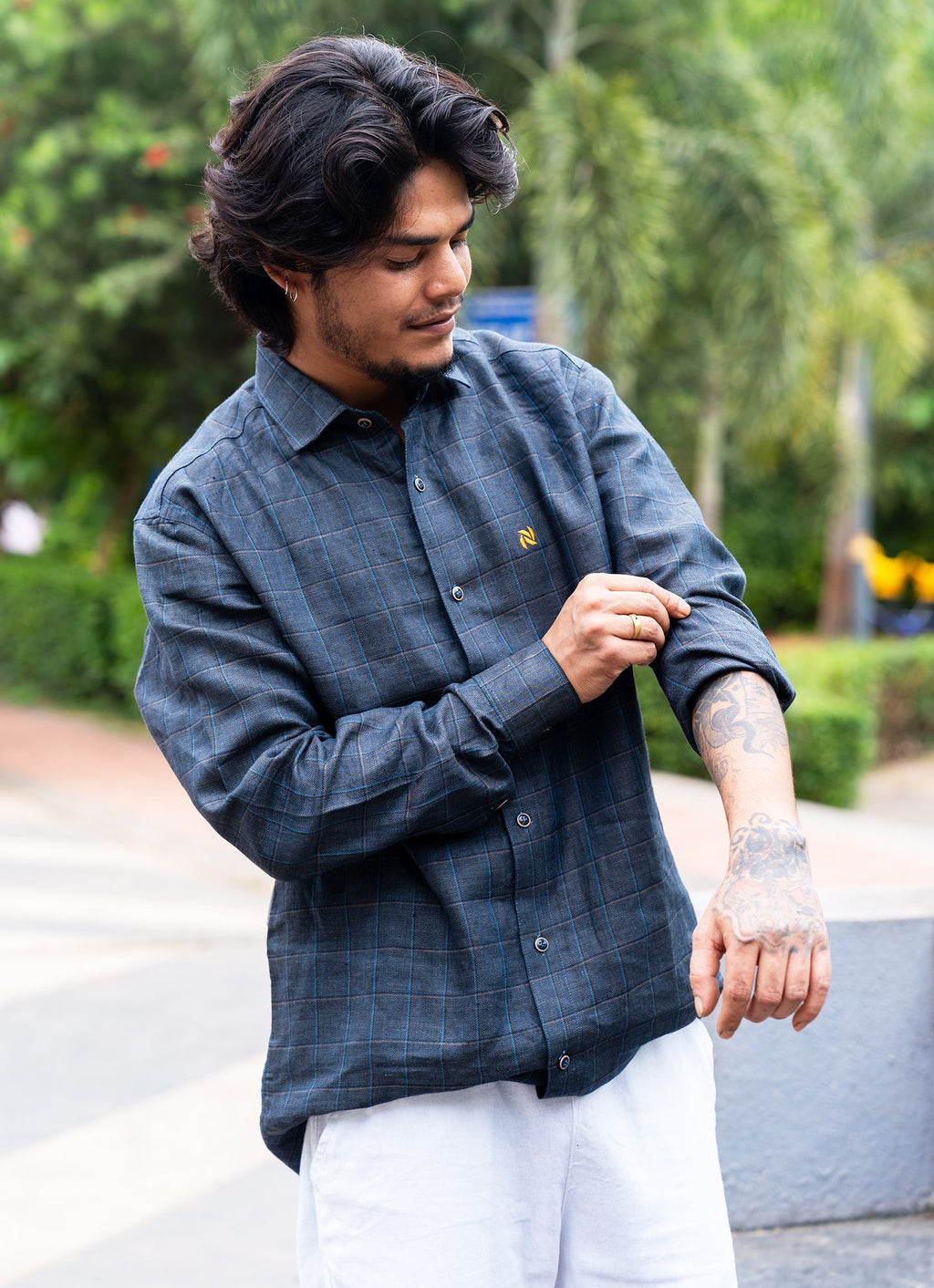Charcoal Black Checkered Pure Premium Linen Shirt