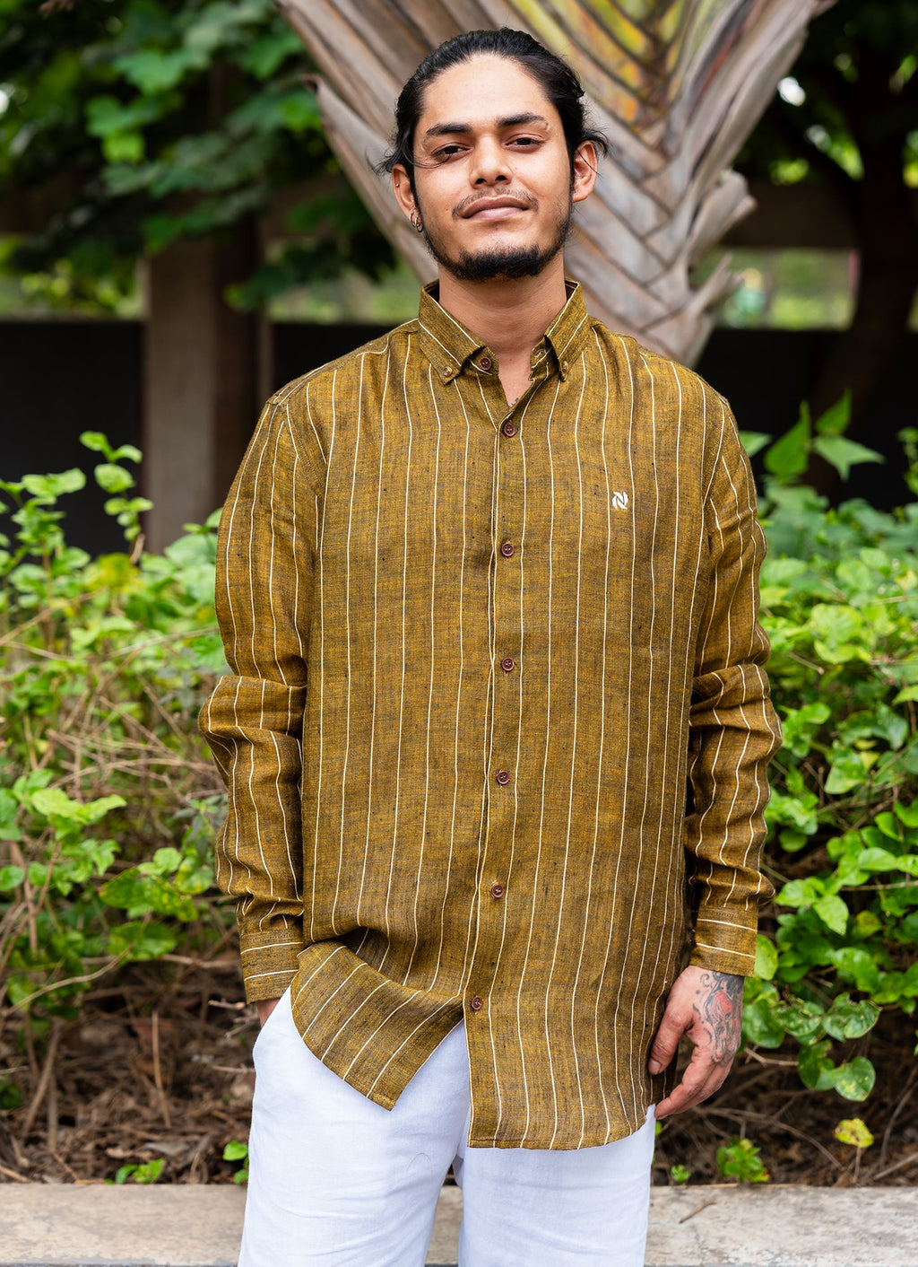 Fawn Golden Brown Striped Pure Linen Premium Shirt