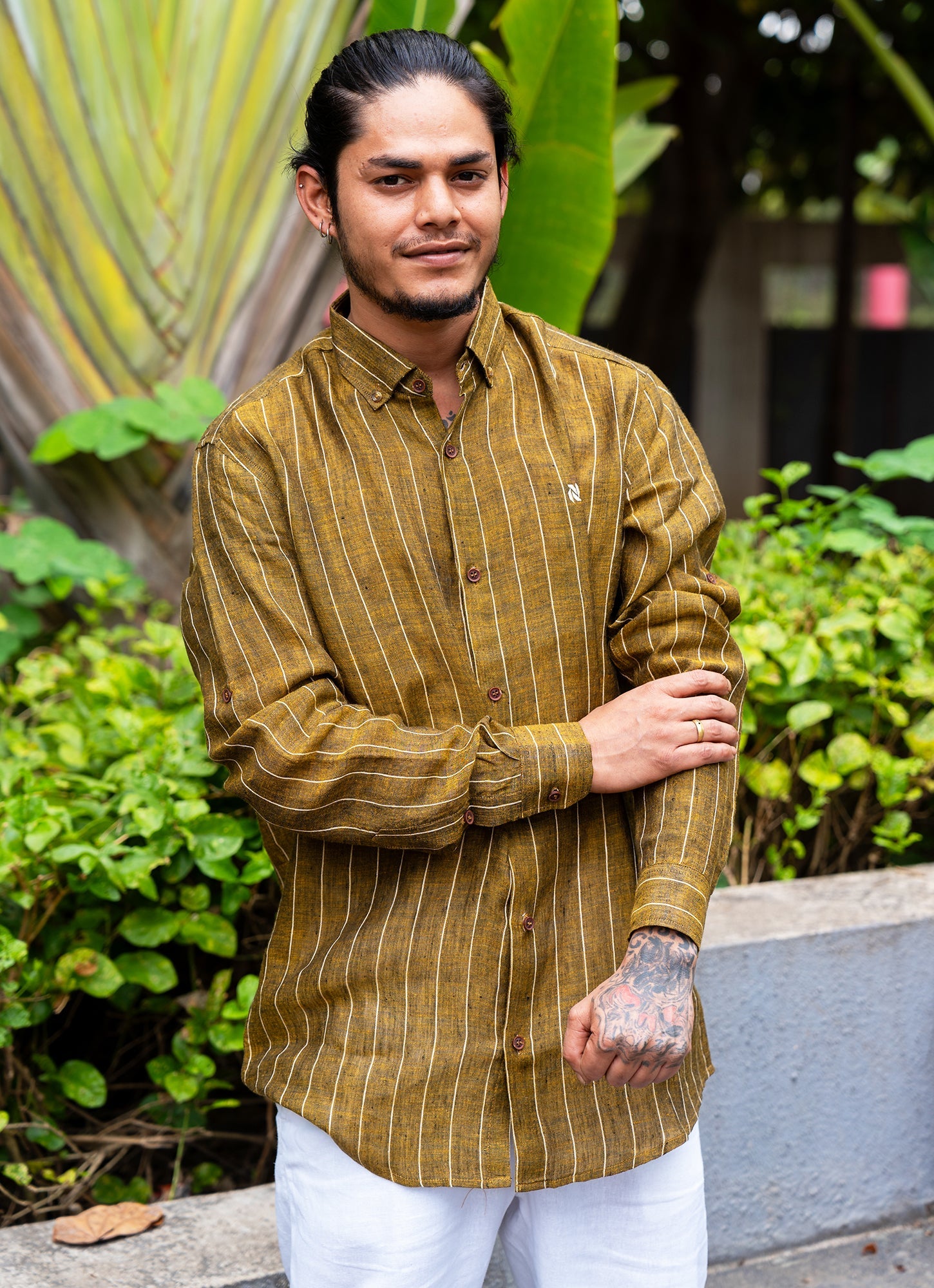 Fawn Golden Brown Striped Pure Linen Premium Shirt