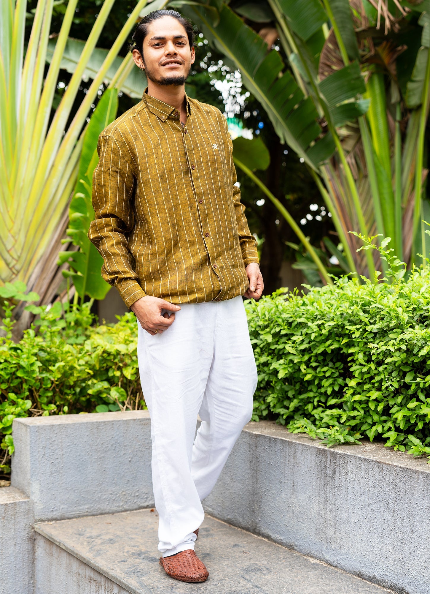 Fawn Golden Brown Striped Pure Linen Premium Shirt