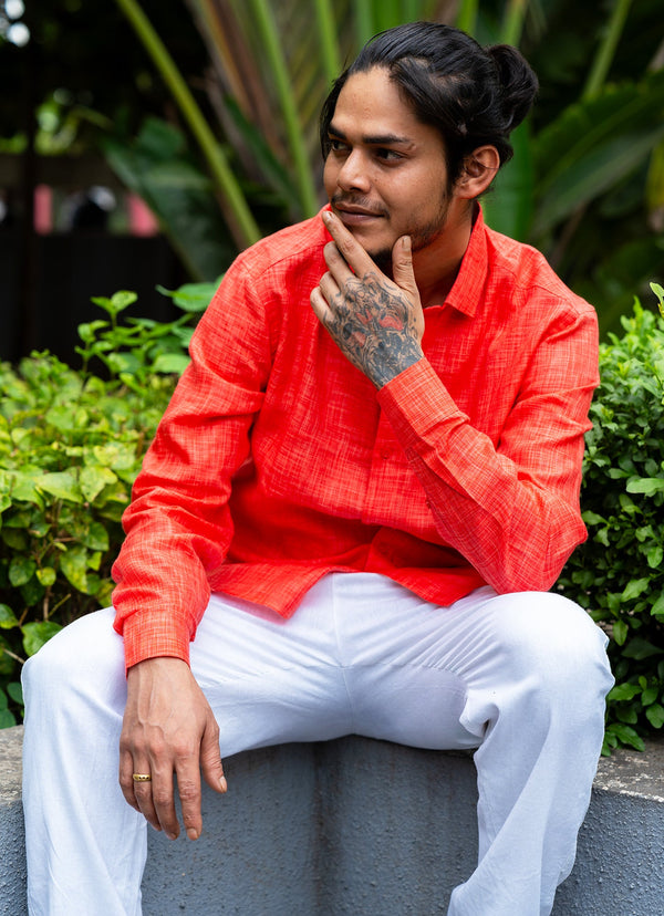Scarlet Red Textured Airy Pure Linen Premium Shirt