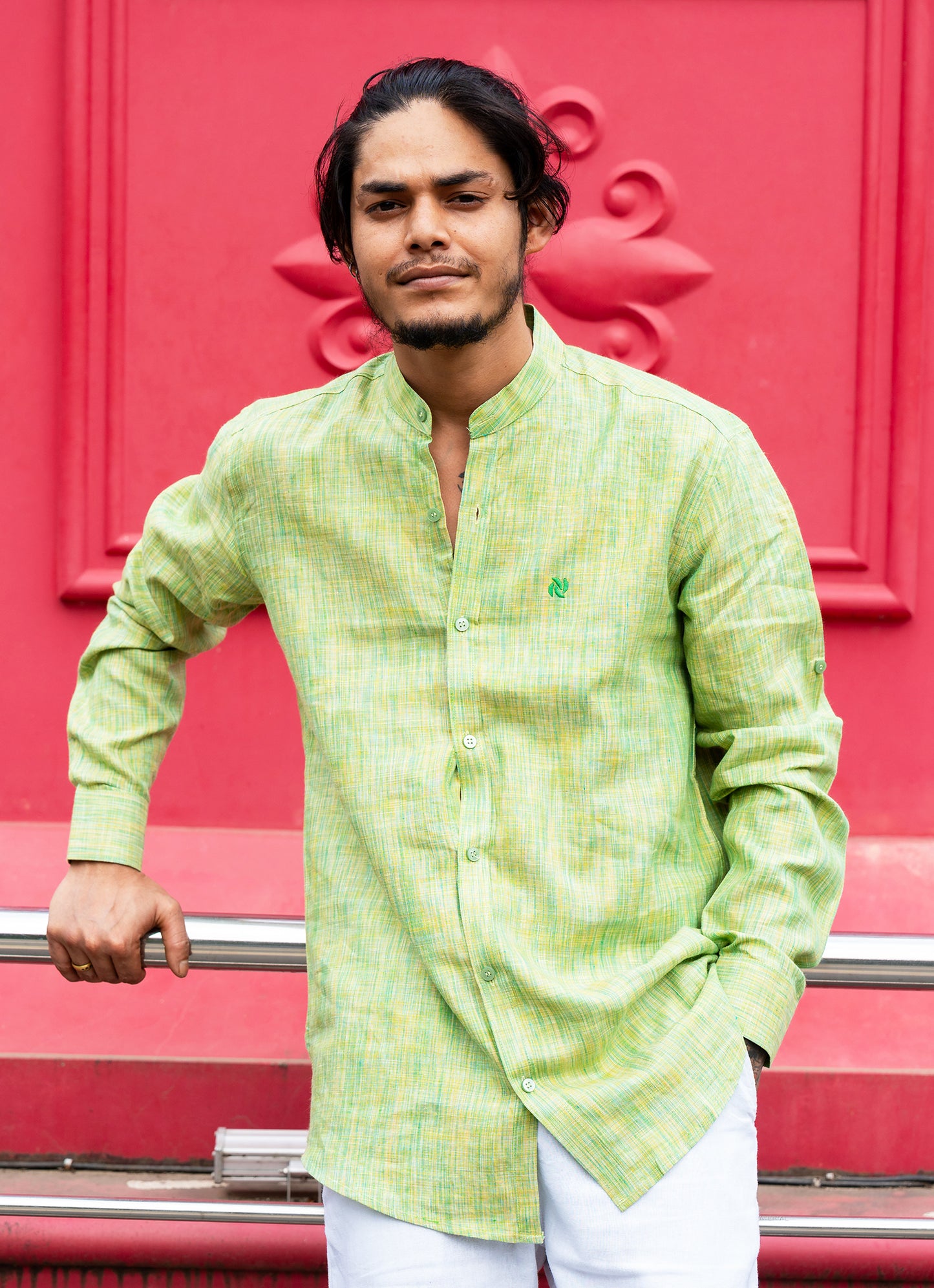 Grassy Green Textured Pure Linen Premium Shirt