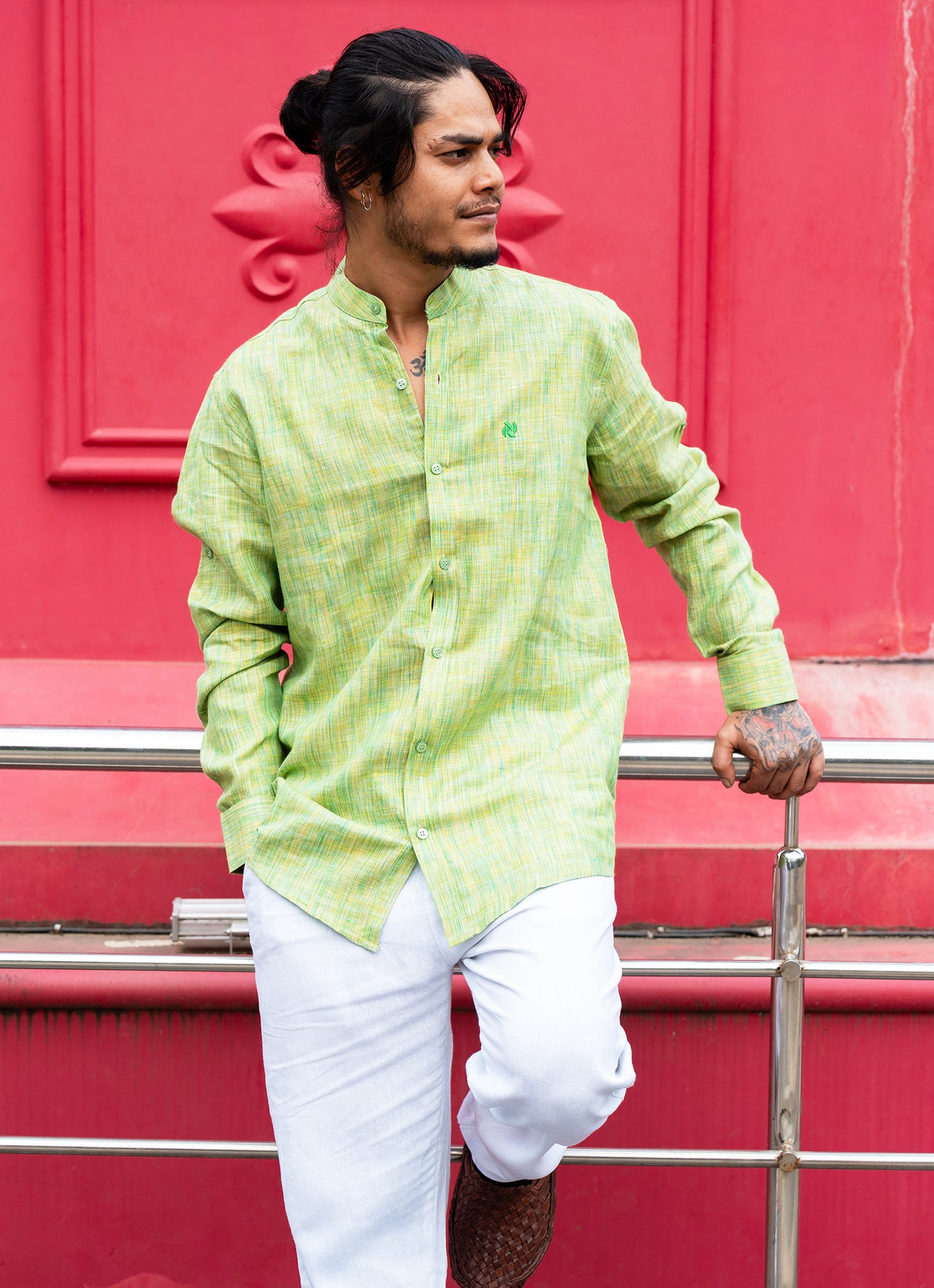 Grassy Green Textured Pure Linen Premium Shirt