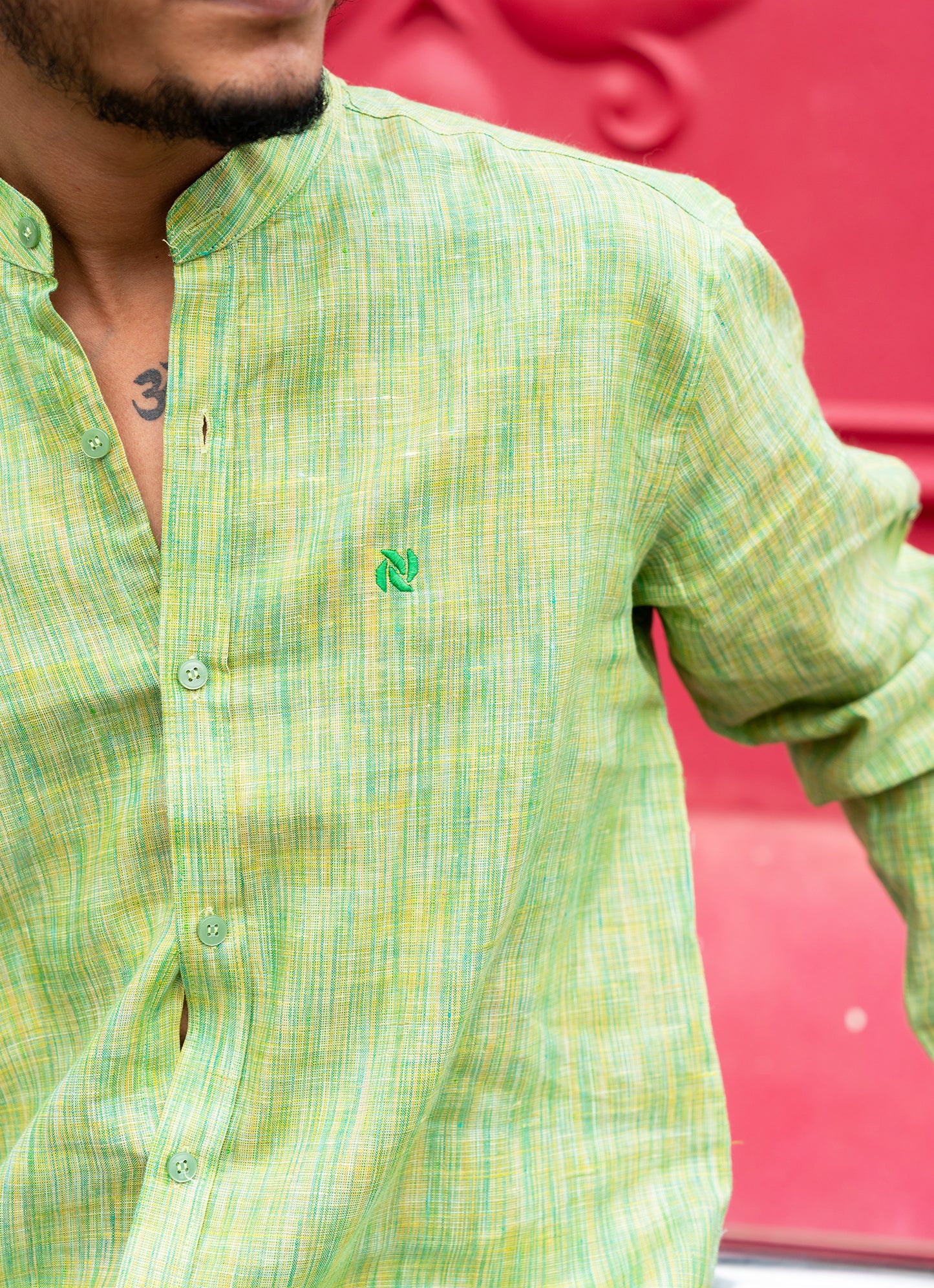 Grassy Green Textured Pure Linen Premium Shirt