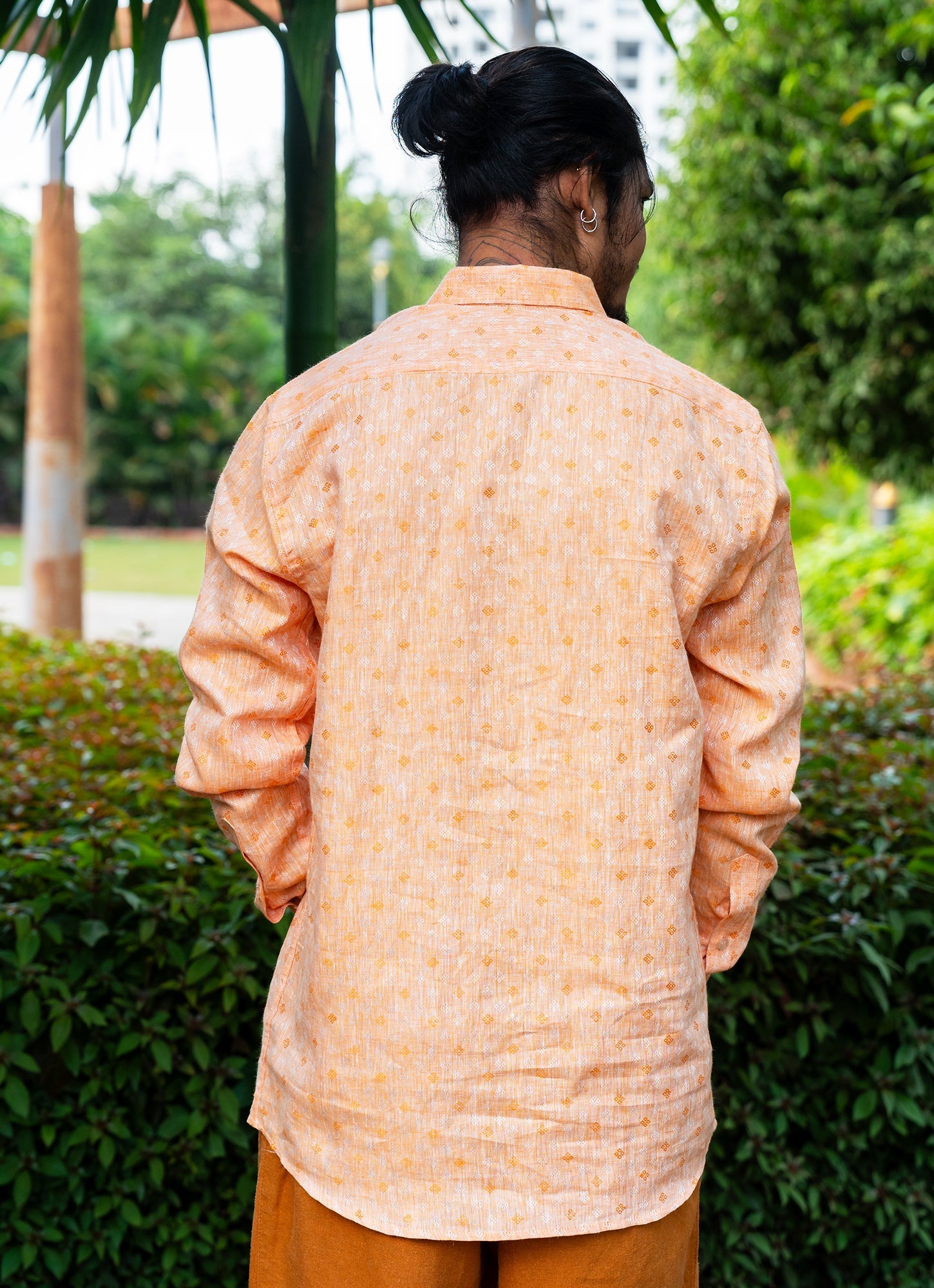 Shimmery Metallic Orange Jacquard Pure Linen Premium Shirt