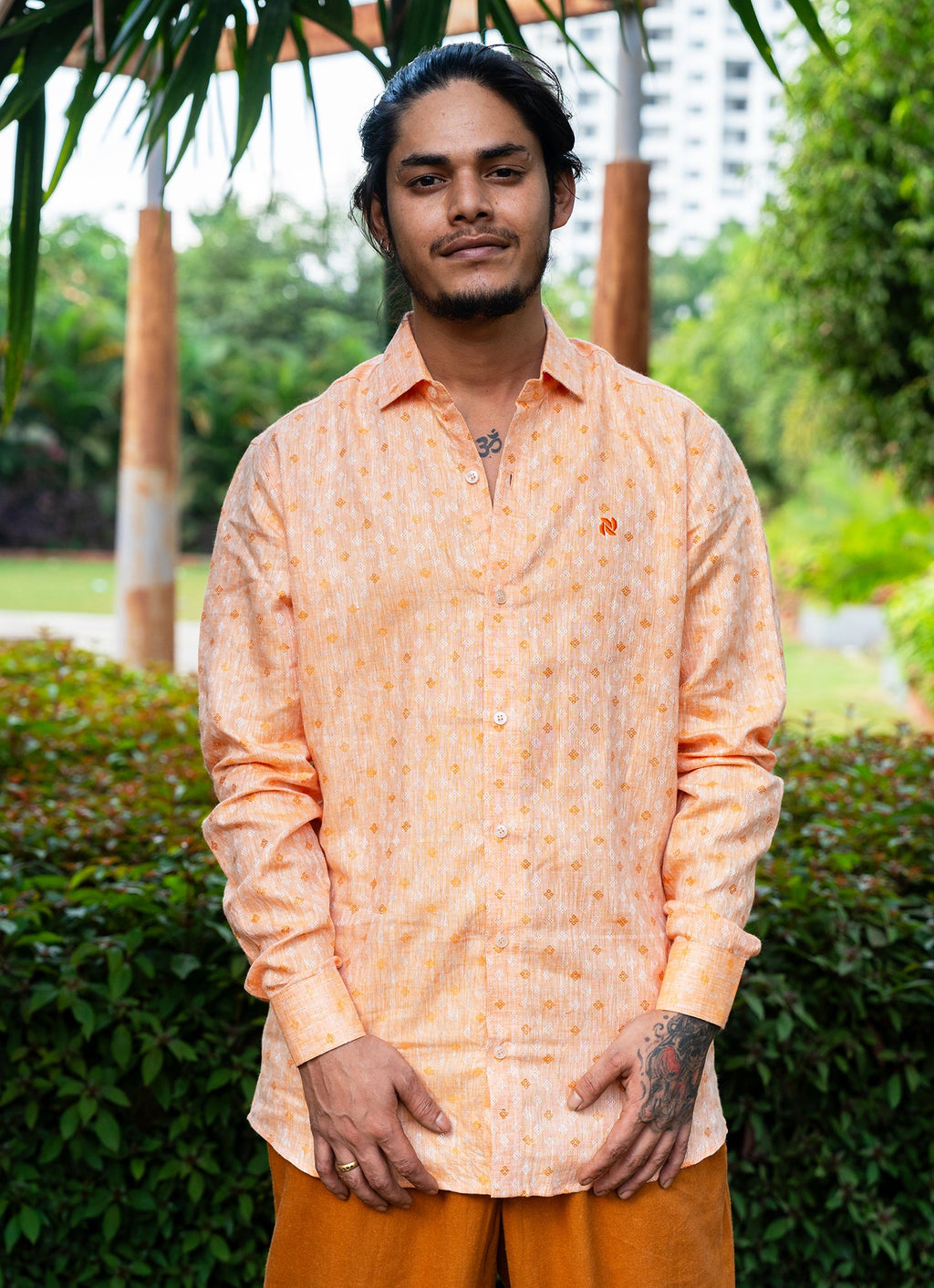 Shimmery Metallic Orange Jacquard Pure Linen Premium Shirt