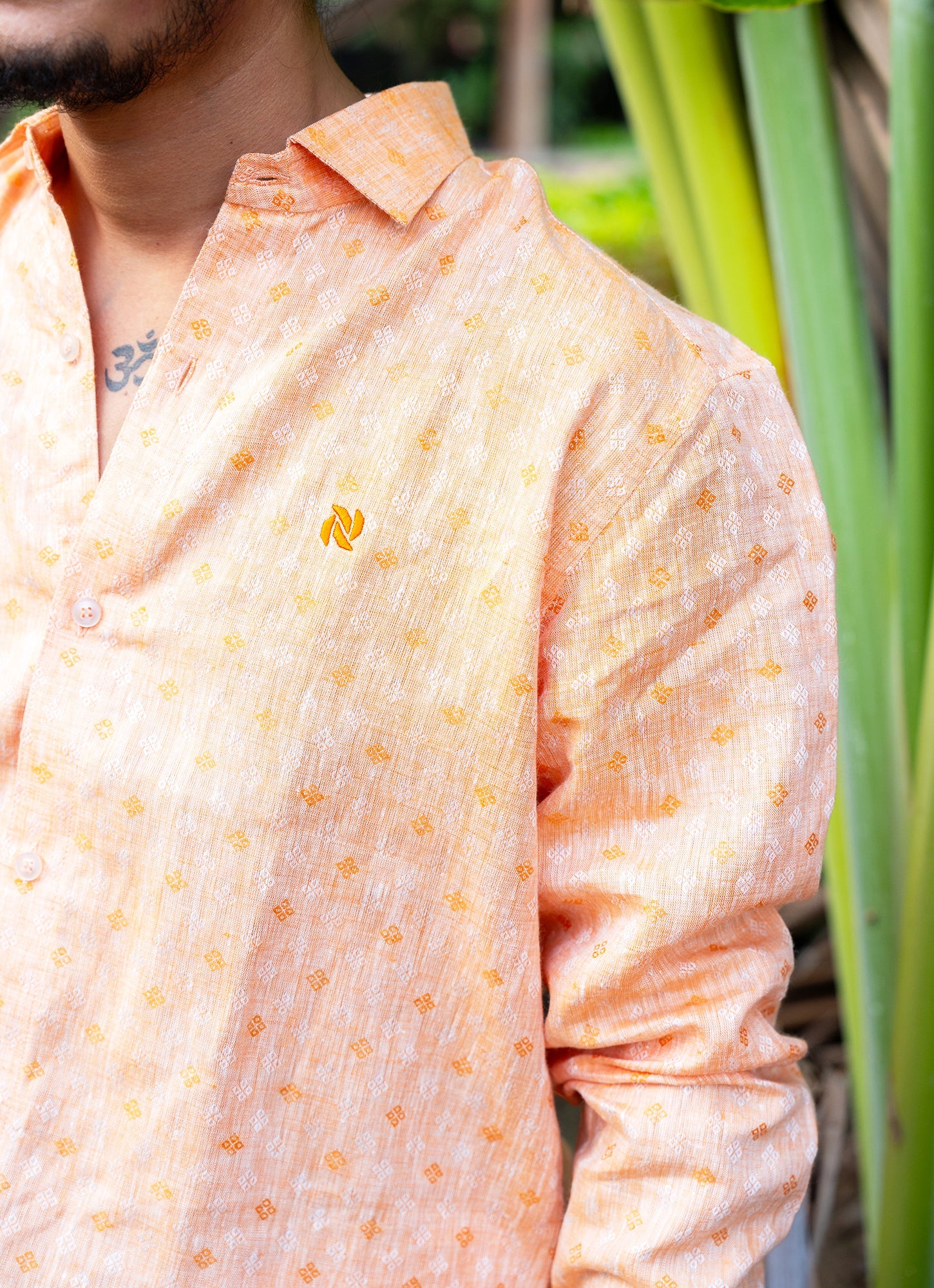 Shimmery Metallic Orange Jacquard Pure Linen Premium Shirt