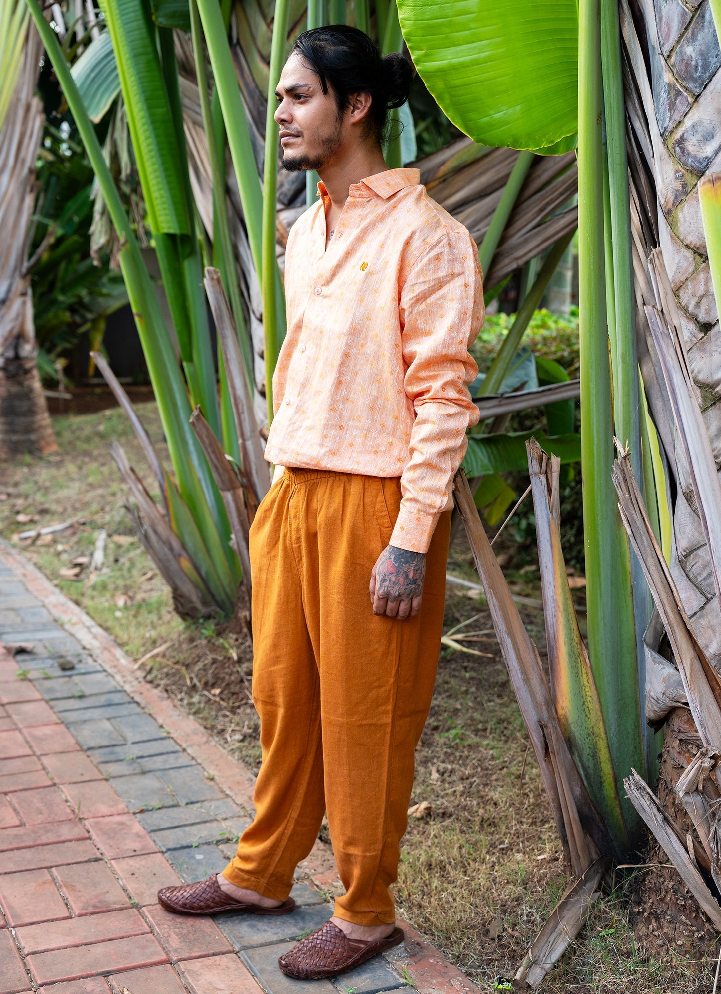Shimmery Metallic Orange Jacquard Pure Linen Premium Shirt