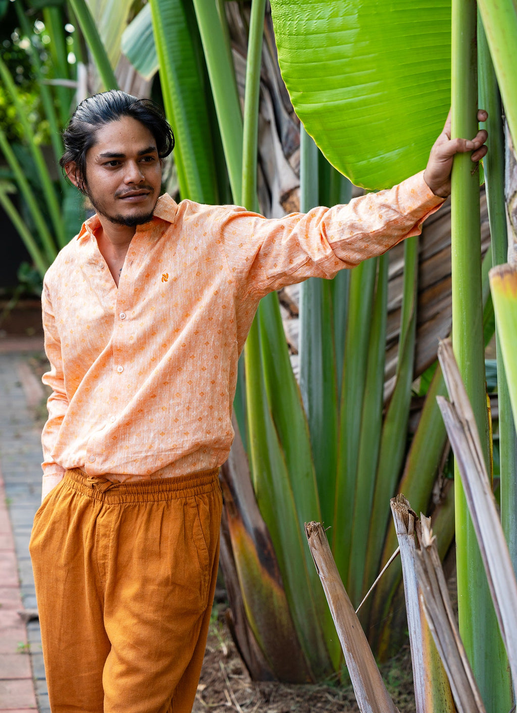 Shimmery Metallic Orange Jacquard Pure Linen Premium Shirt