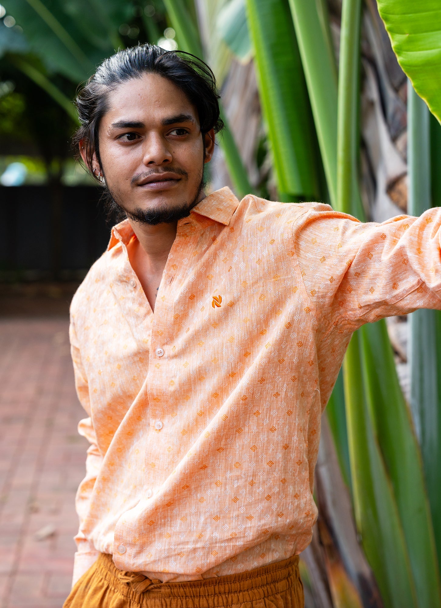 Shimmery Metallic Orange Jacquard Pure Linen Premium Shirt