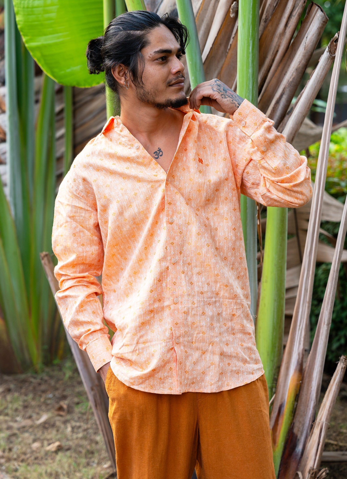 Shimmery Metallic Orange Jacquard Pure Linen Premium Shirt