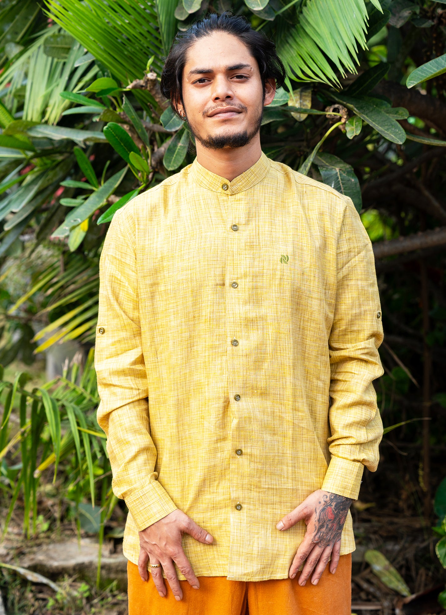 Forest Yellow Textured Pure Linen Premium Shirt