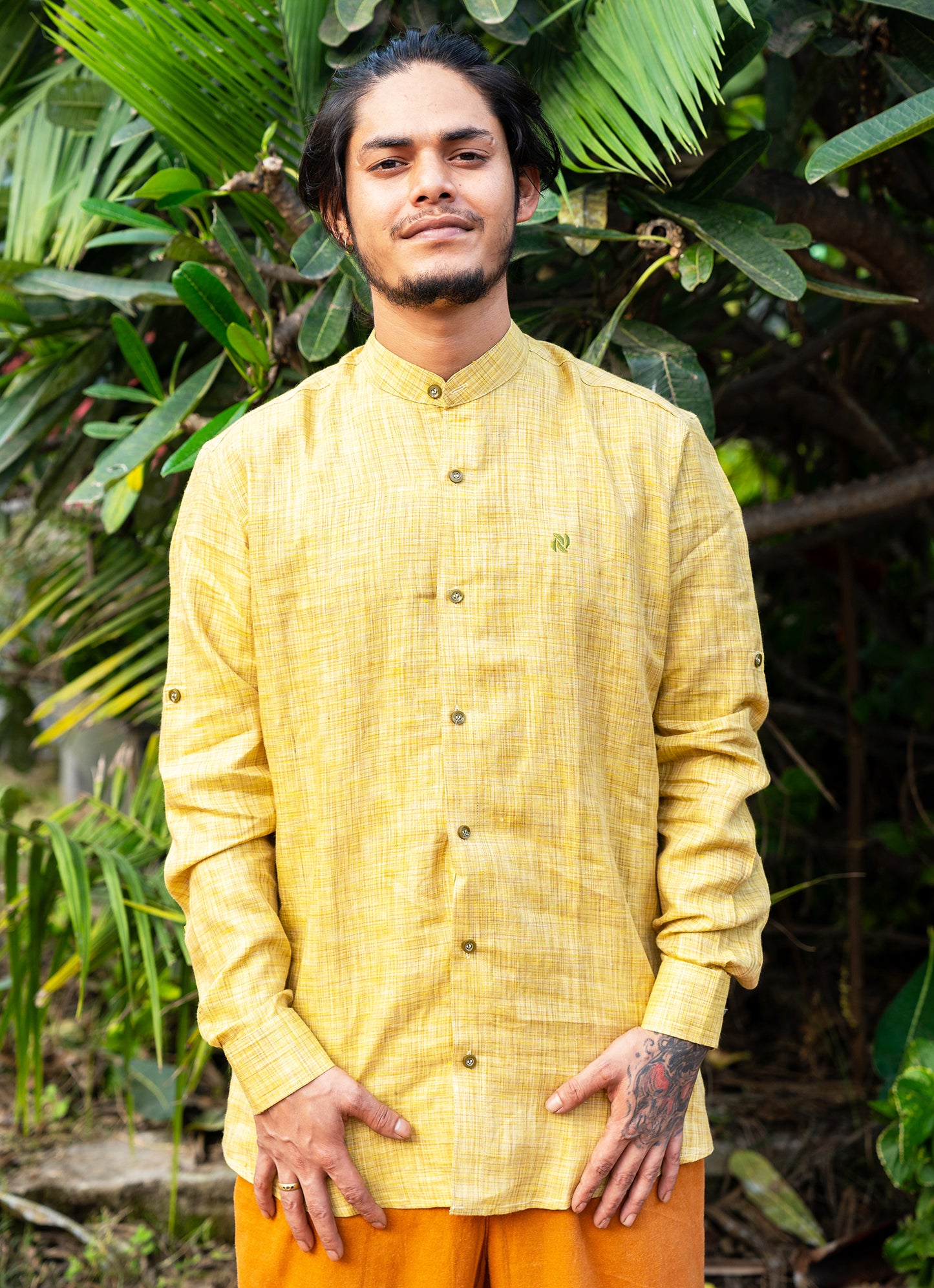 Forest Yellow Textured Pure Linen Premium Shirt