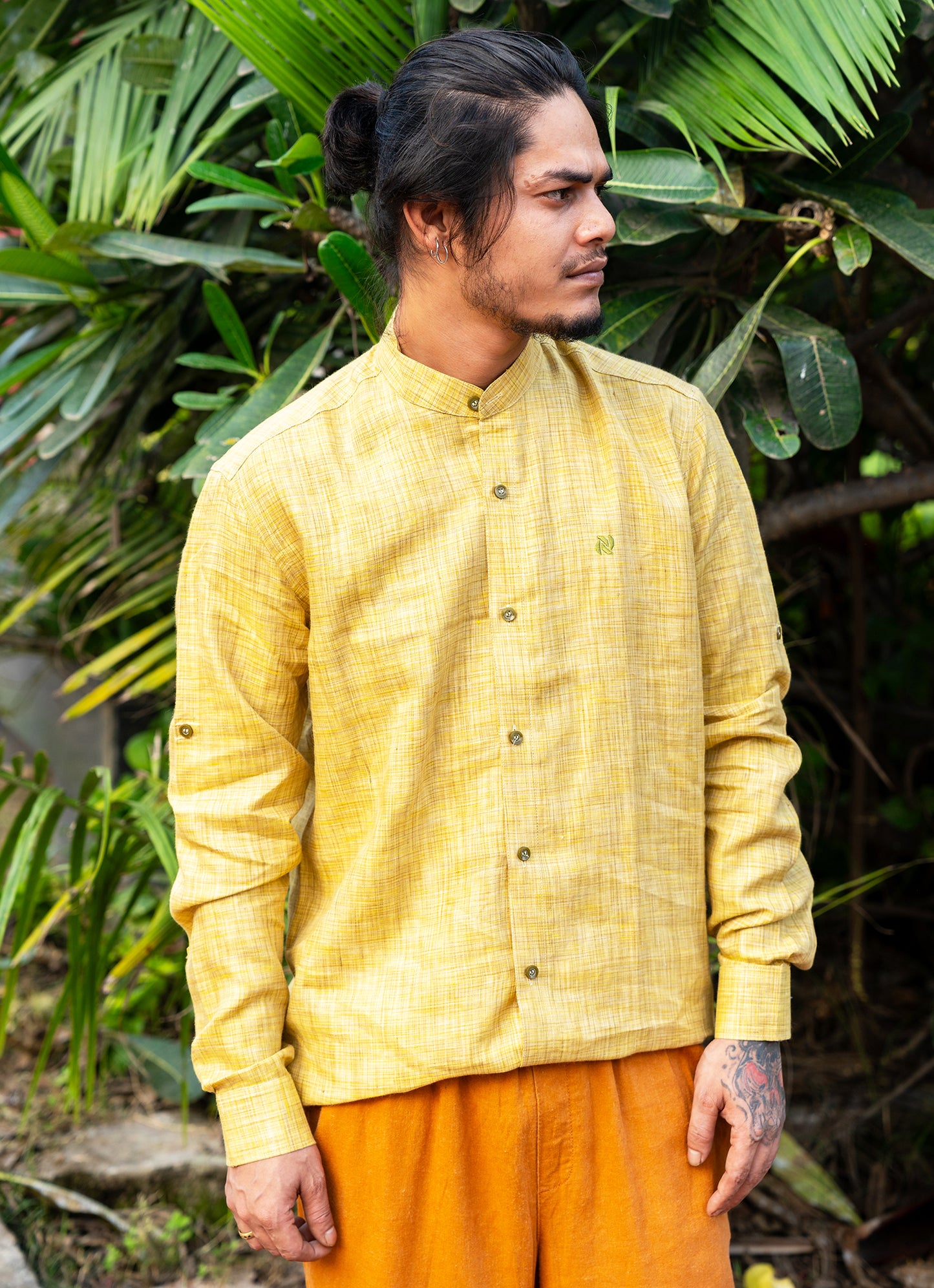 Forest Yellow Textured Pure Linen Premium Shirt