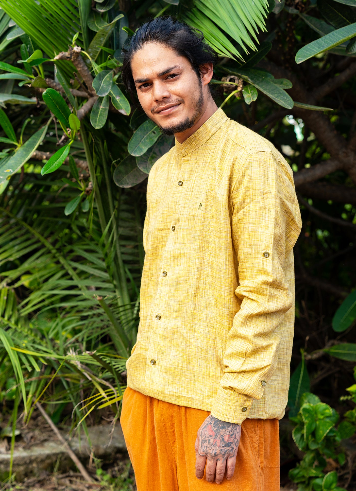 Forest Yellow Textured Pure Linen Premium Shirt