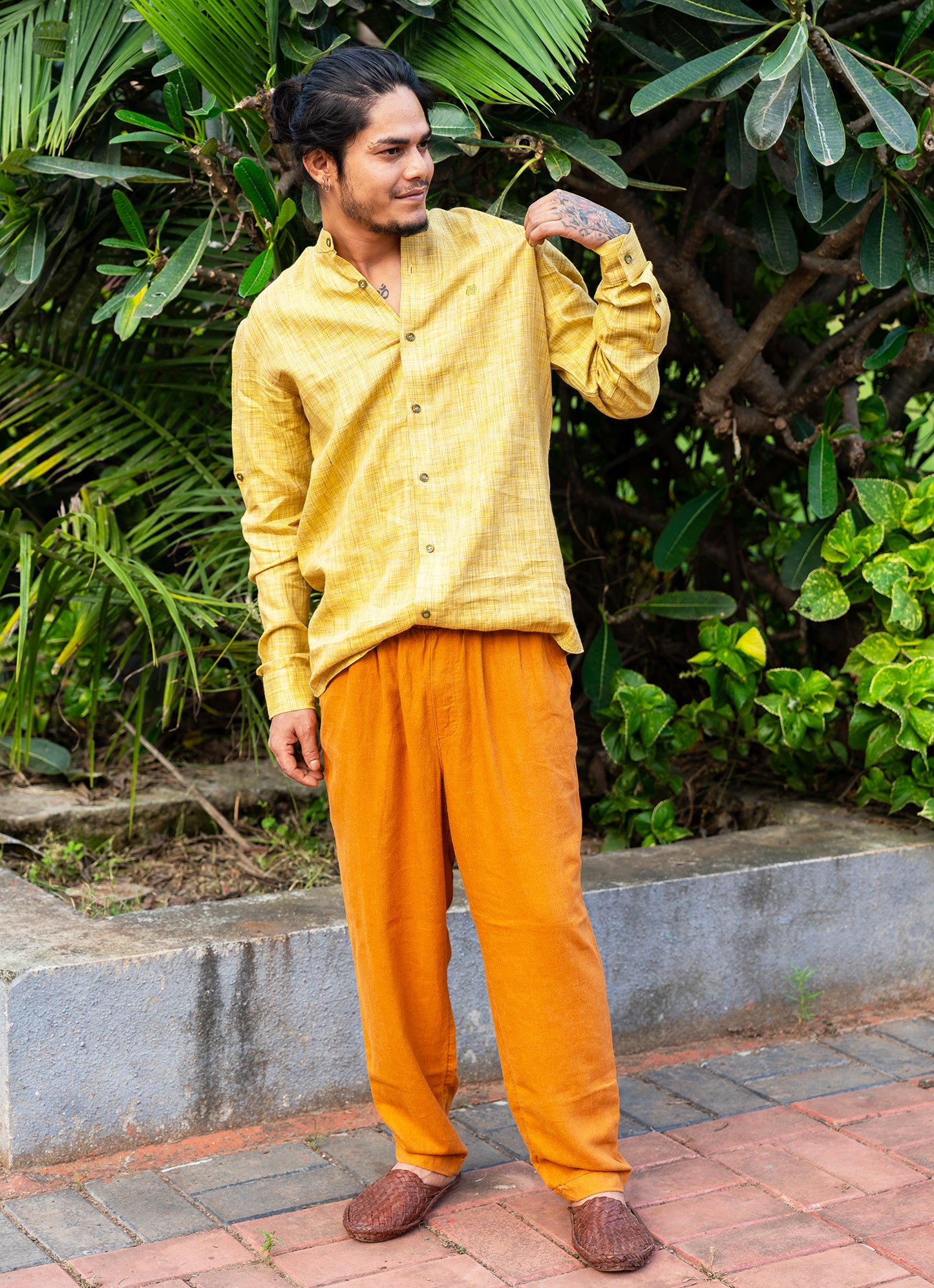 Forest Yellow Textured Pure Linen Premium Shirt