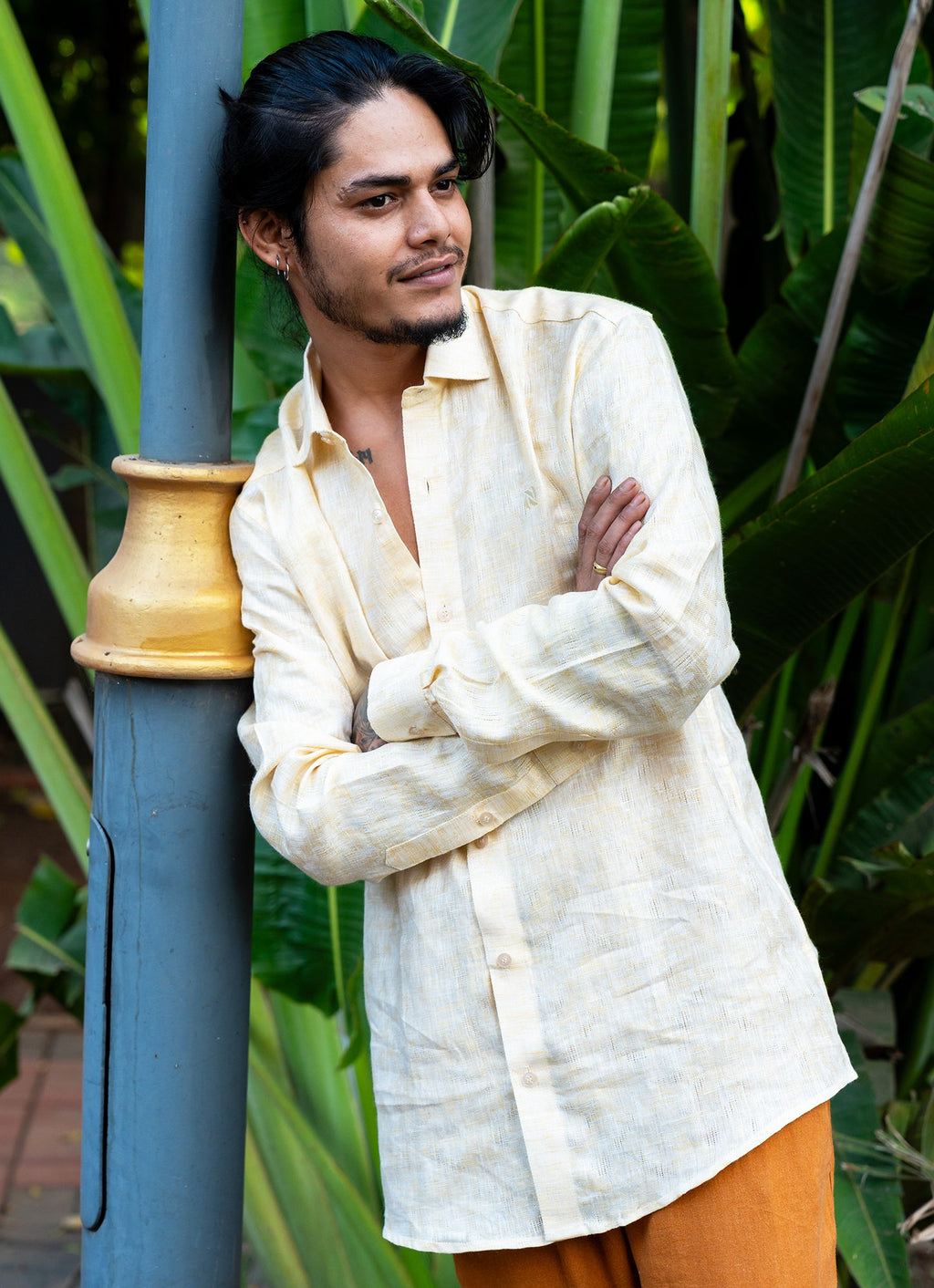 Pearl Cream Jacquard Textured Pure Linen Premium Shirt