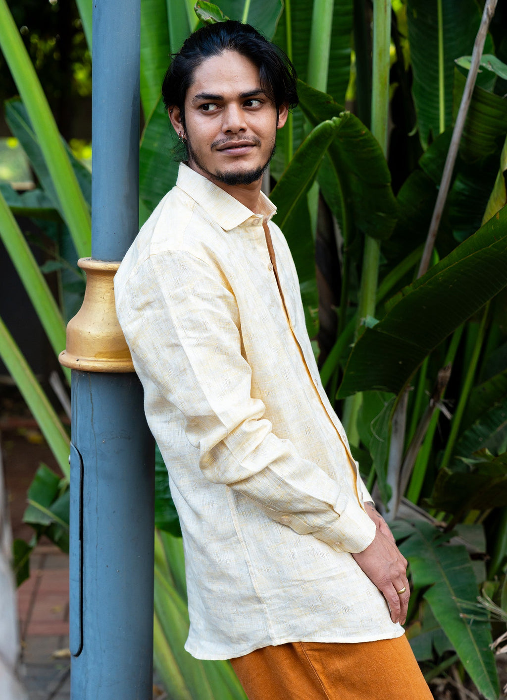 Pearl Cream Jacquard Textured Pure Linen Premium Shirt