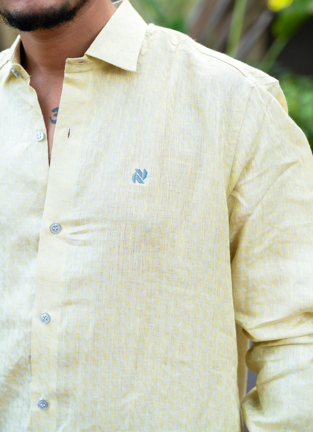 Ivory Cream Jacquard Textured Pure Linen Premium Shirt