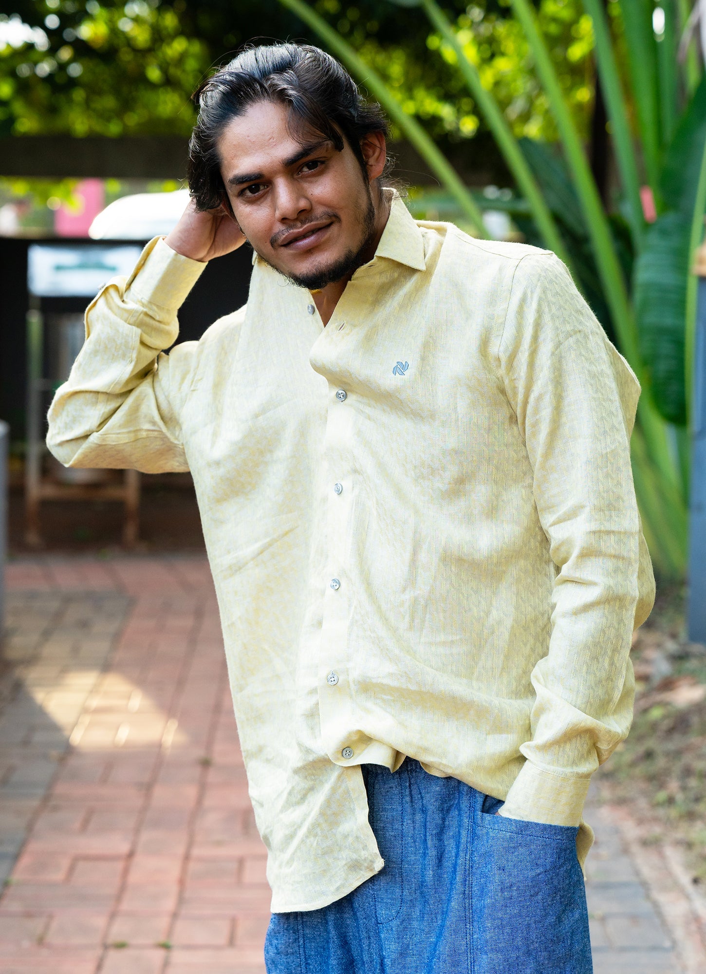 Ivory Cream Jacquard Textured Pure Linen Premium Shirt