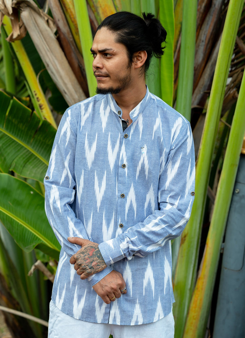 Eye-catching ikat design with Indigo Blue Premium Organic Cotton