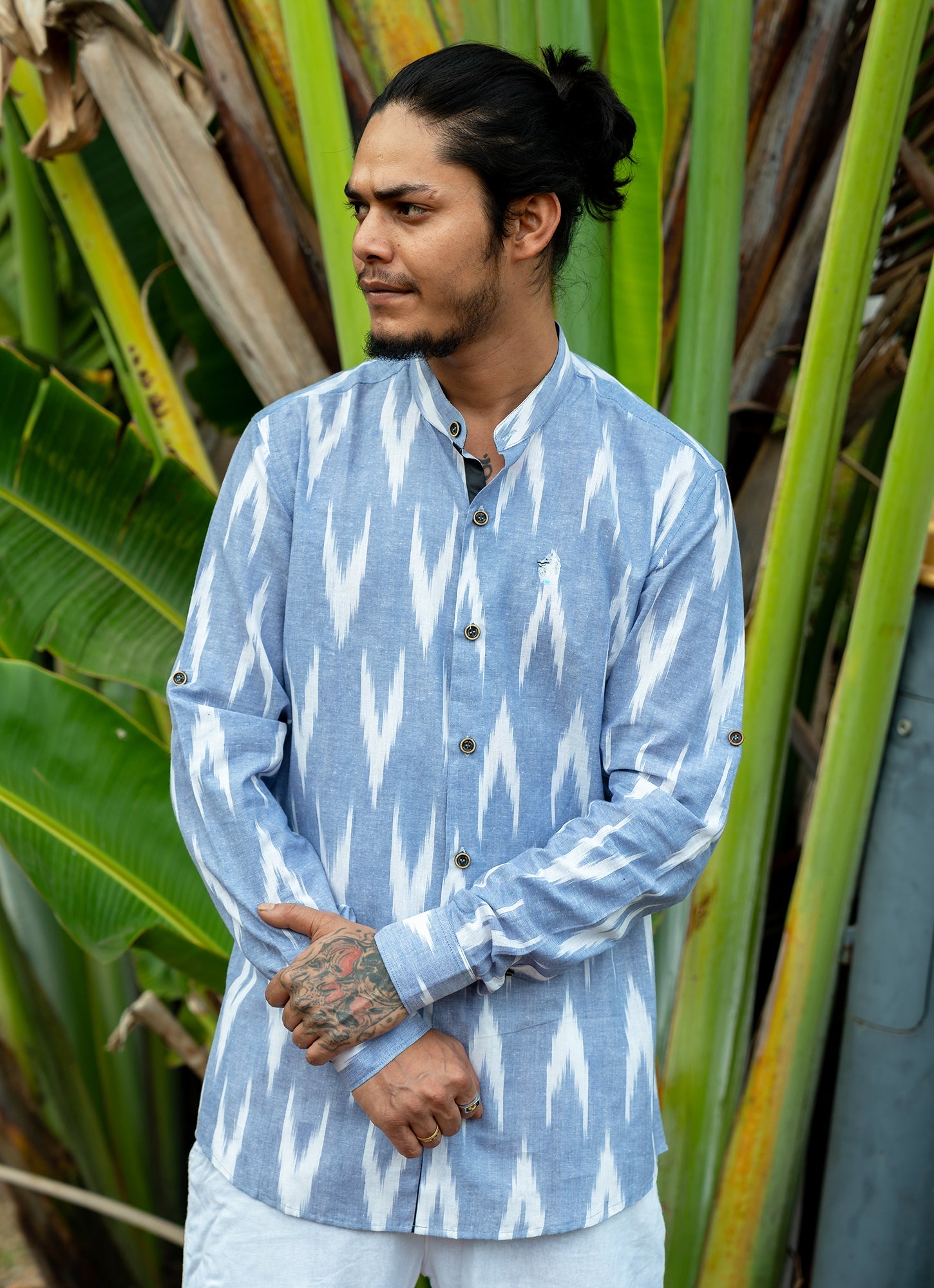 Eye-catching ikat design with Indigo Blue Premium Organic Cotton