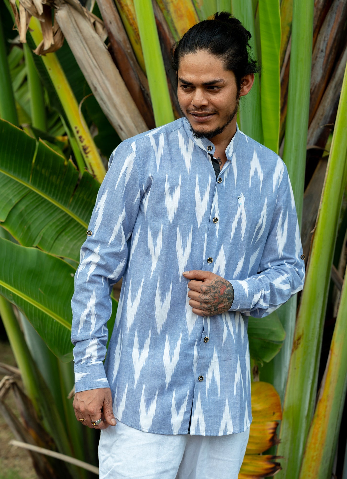 Eye-catching ikat design with Indigo Blue Premium Organic Cotton