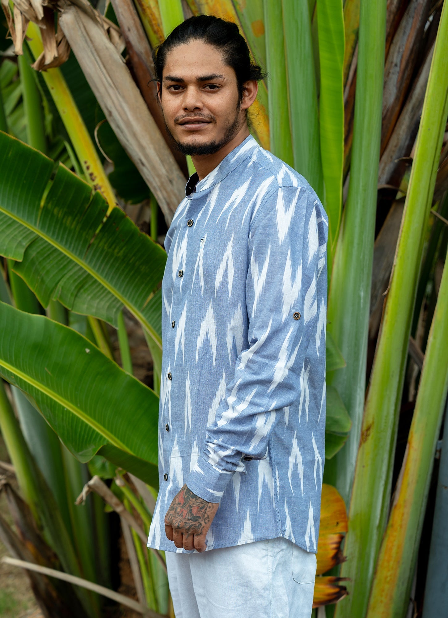 Eye-catching ikat design with Indigo Blue Premium Organic Cotton