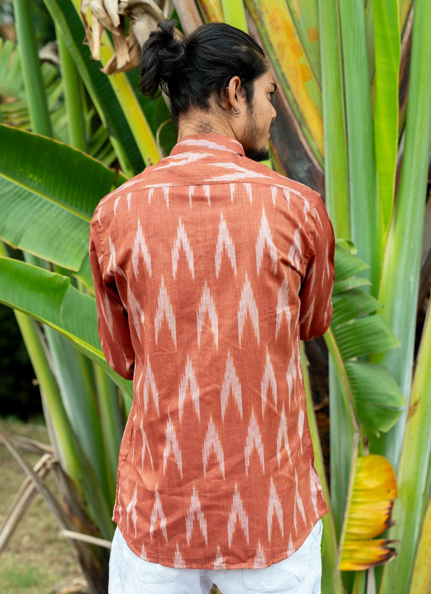 Eye-catching ikat design with Brick Red Dyed Premium Organic Cotton