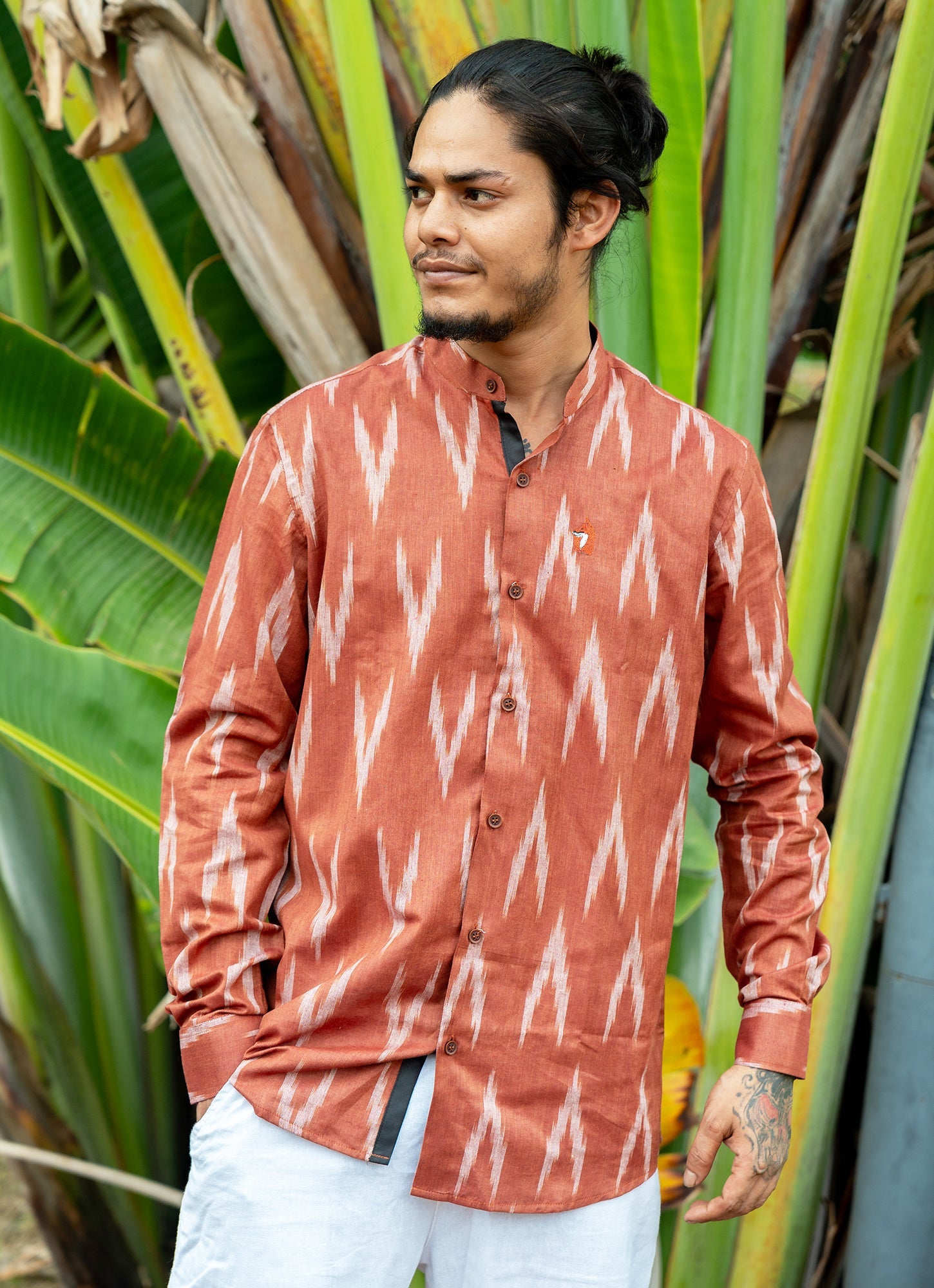 Eye-catching ikat design with Brick Red Dyed Premium Organic Cotton