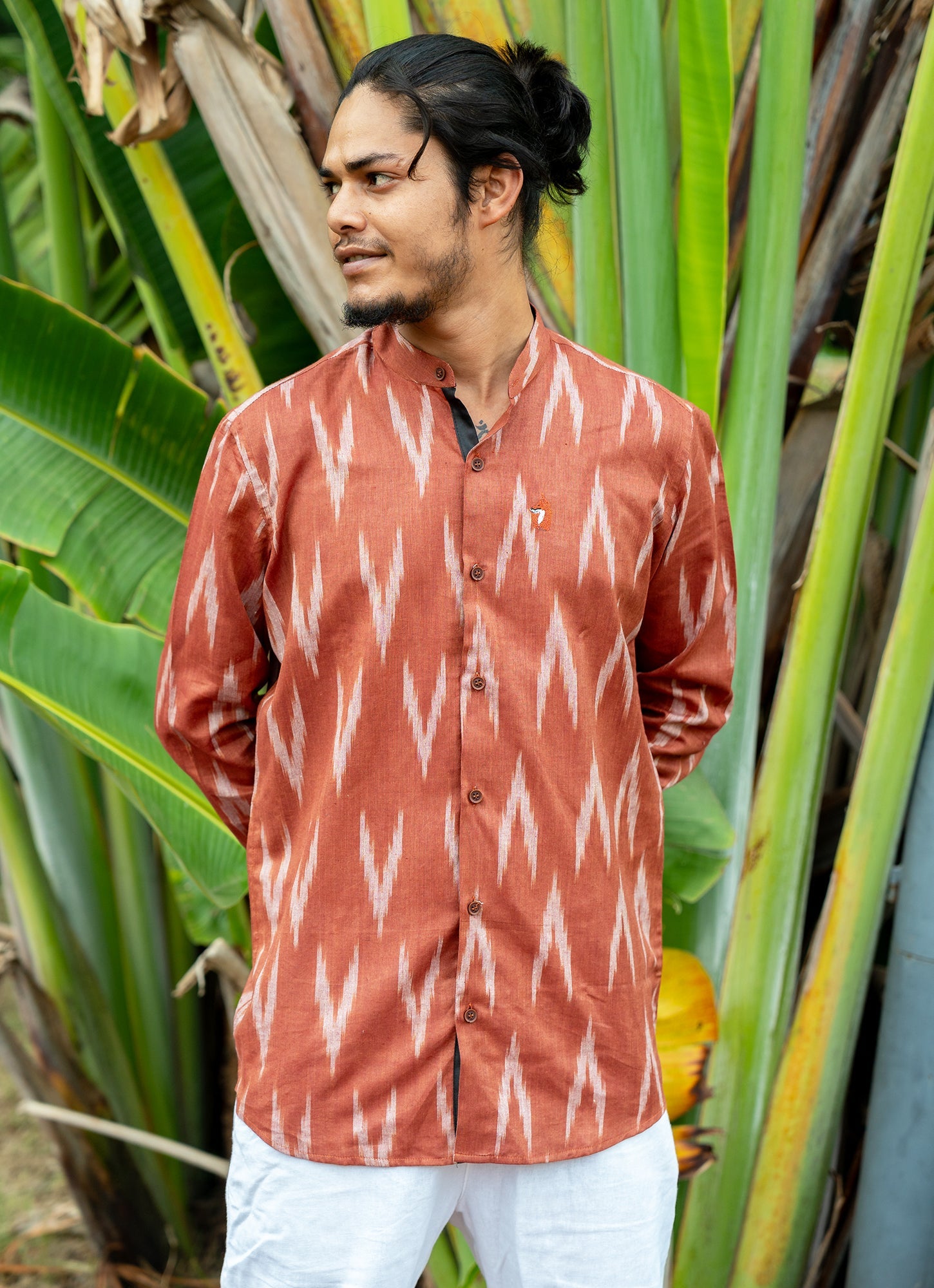 Eye-catching ikat design with Brick Red Dyed Premium Organic Cotton