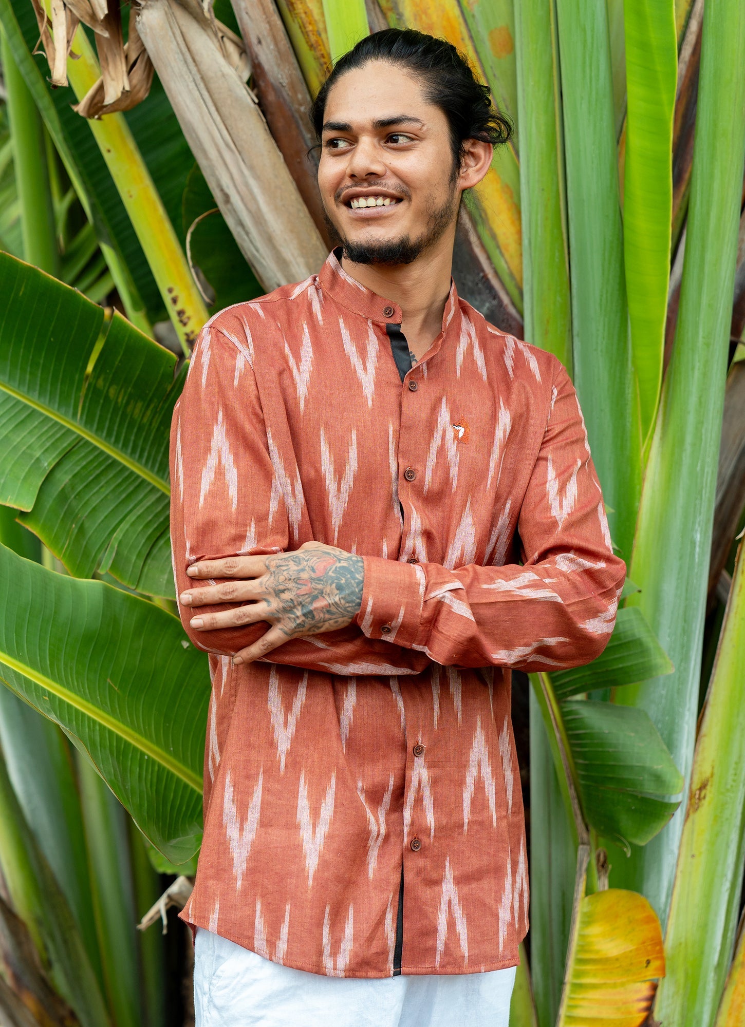 Eye-catching ikat design with Brick Red Dyed Premium Organic Cotton