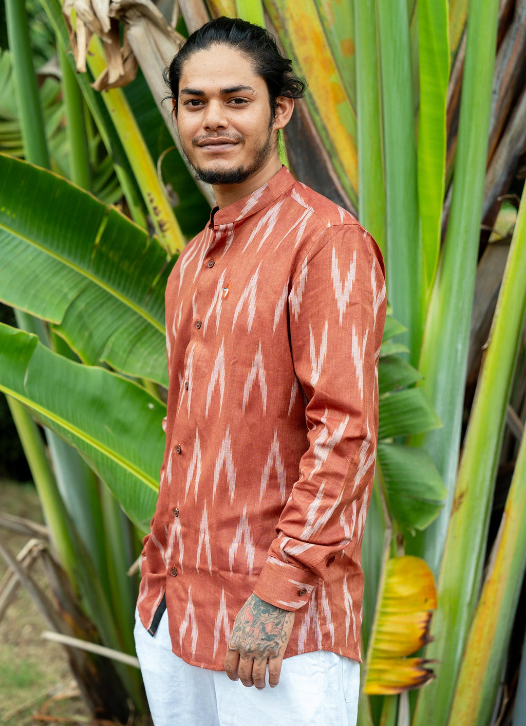 Eye-catching ikat design with Brick Red Dyed Premium Organic Cotton