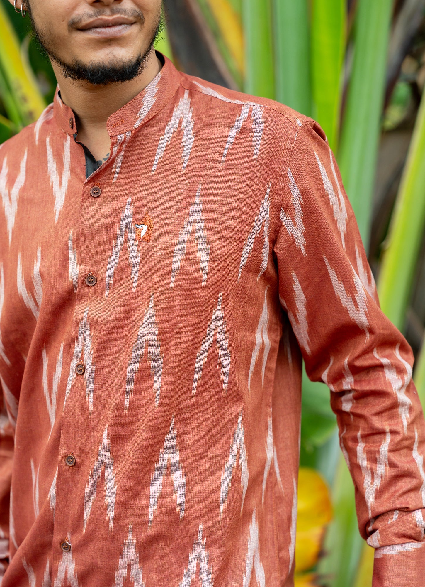 Eye-catching ikat design with Brick Red Dyed Premium Organic Cotton