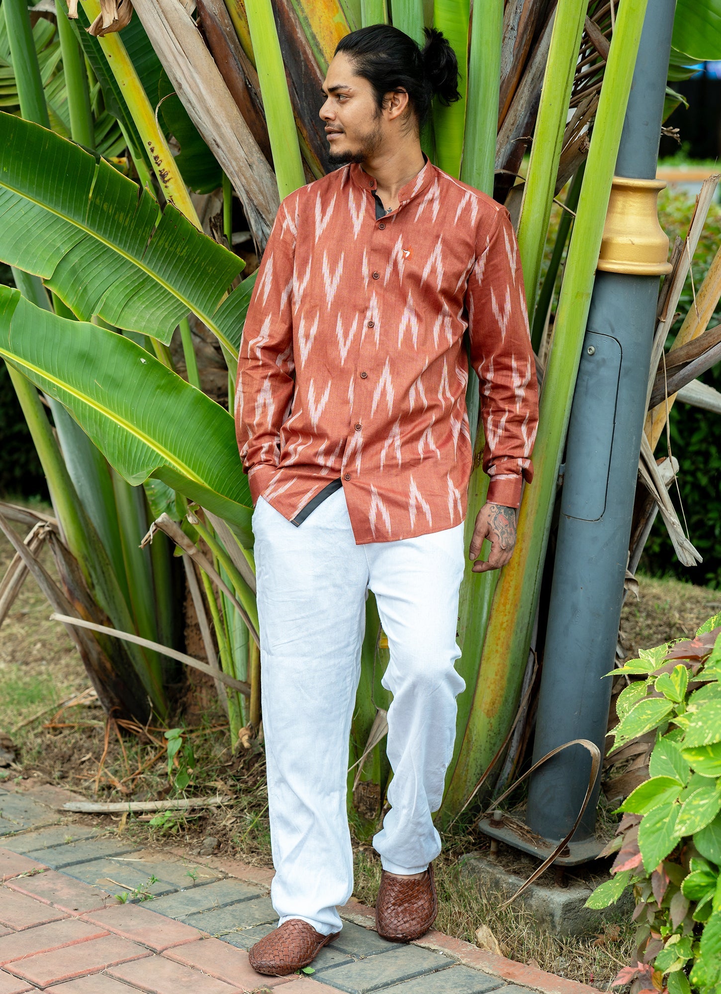 Eye-catching ikat design with Brick Red Dyed Premium Organic Cotton