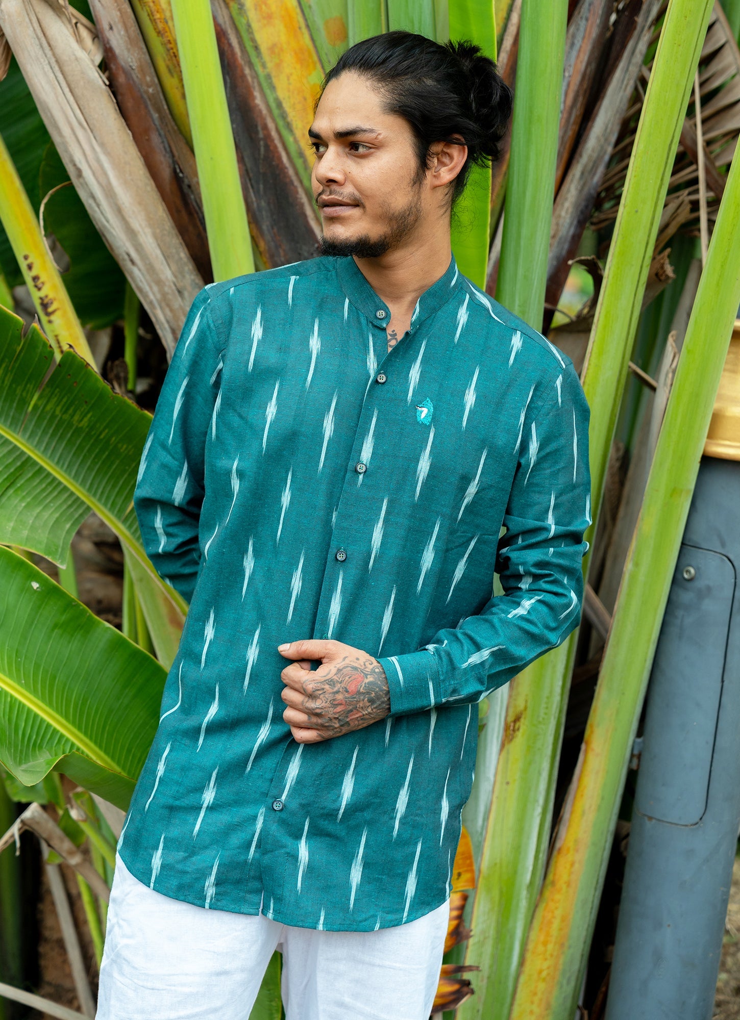 Eye-catching ikat design with Pine Green Dyed Premium Organic Cotton
