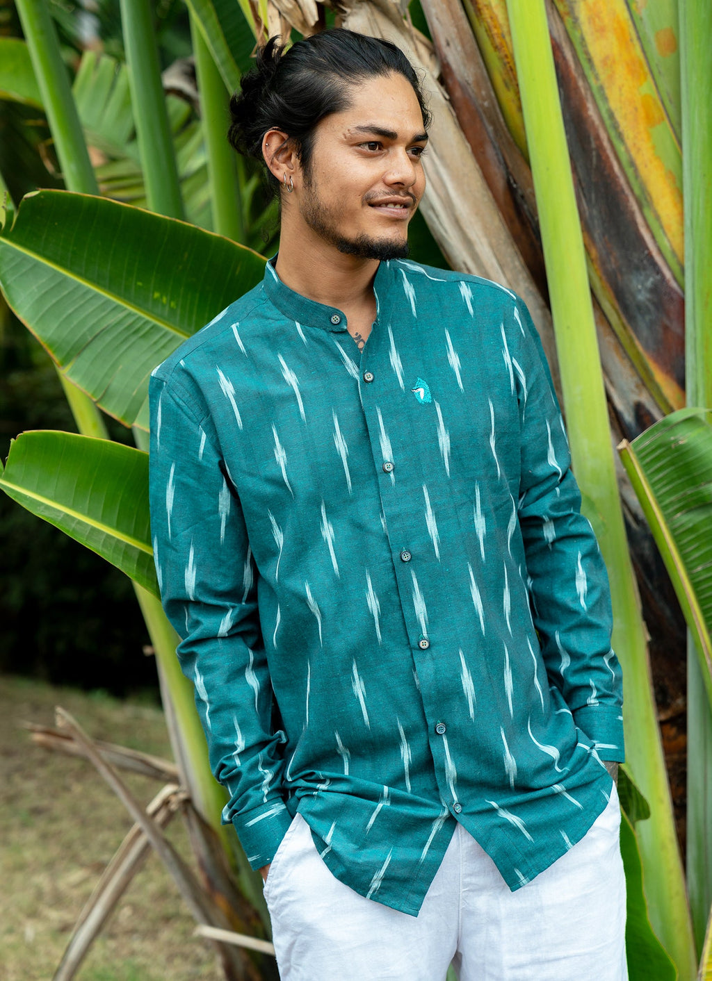 Eye-catching ikat design with Pine Green Dyed Premium Organic Cotton
