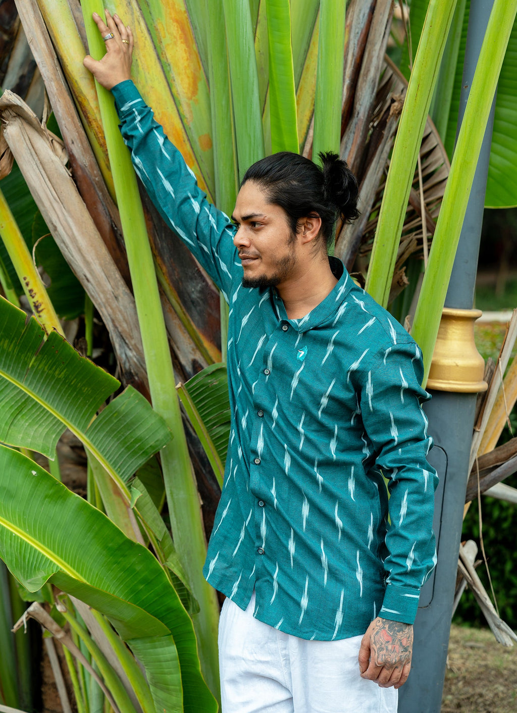 Eye-catching ikat design with Pine Green Dyed Premium Organic Cotton