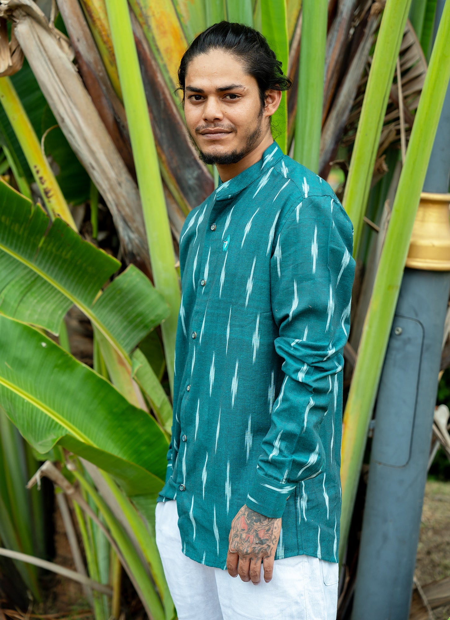 Eye-catching ikat design with Pine Green Dyed Premium Organic Cotton