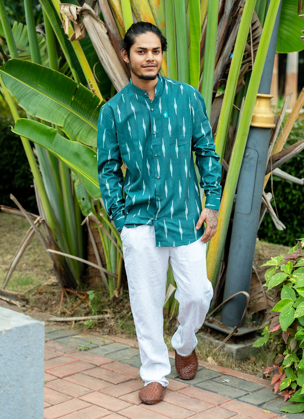 Eye-catching ikat design with Pine Green Dyed Premium Organic Cotton